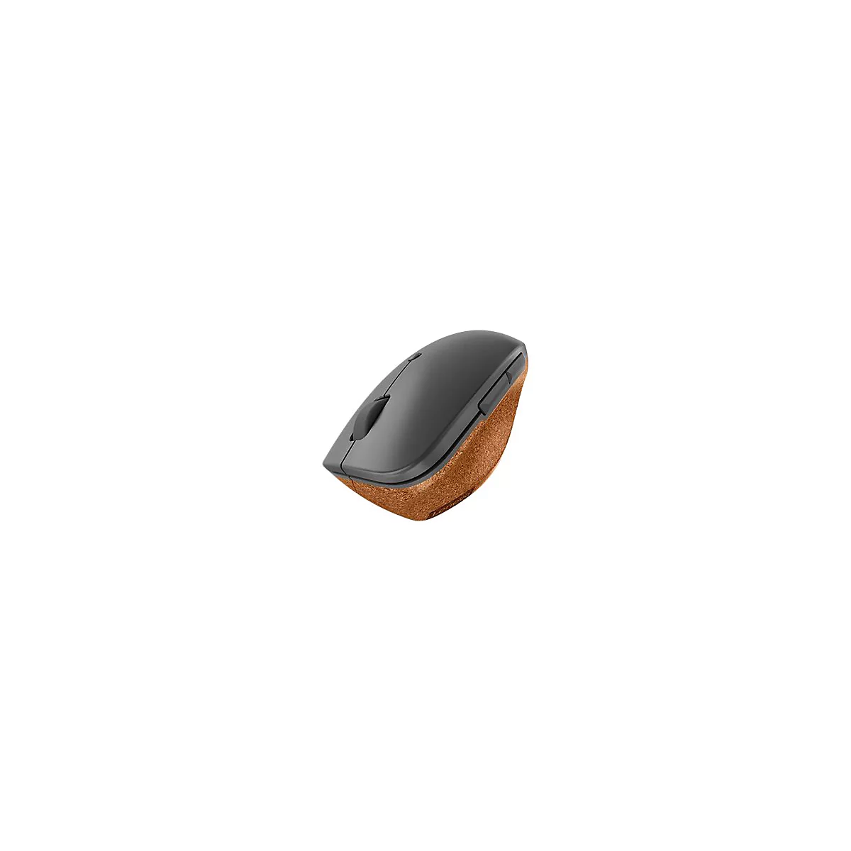 Draufsicht einer ergonomischen, grauen Computermaus mit seitlicher Kork-Oberfläche vor weißem Hintergrund.