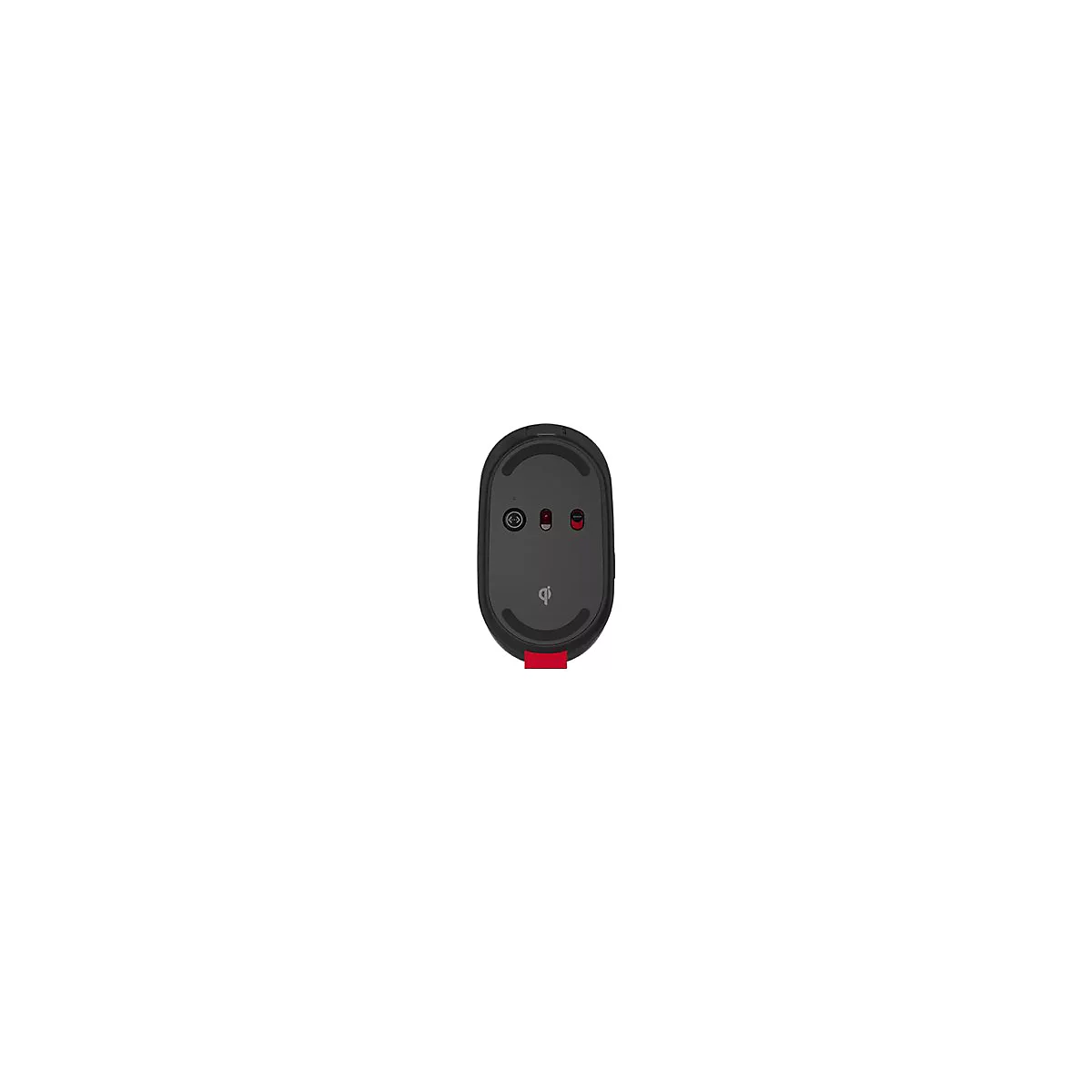 Souris sans fil, dessous, grise et rouge, avec logo Qi, bouton et bande rouge.