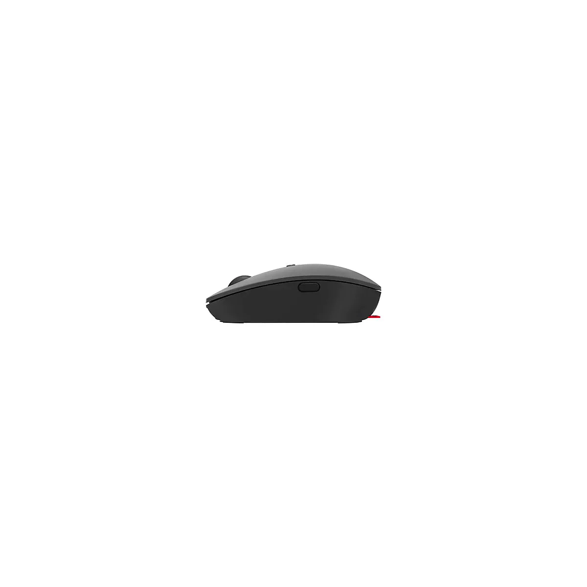Souris d'ordinateur noire, vue de cÃ´tÃ©, avec un accent rouge. Un bouton Ã  droite, un autre bouton sur le dessus.