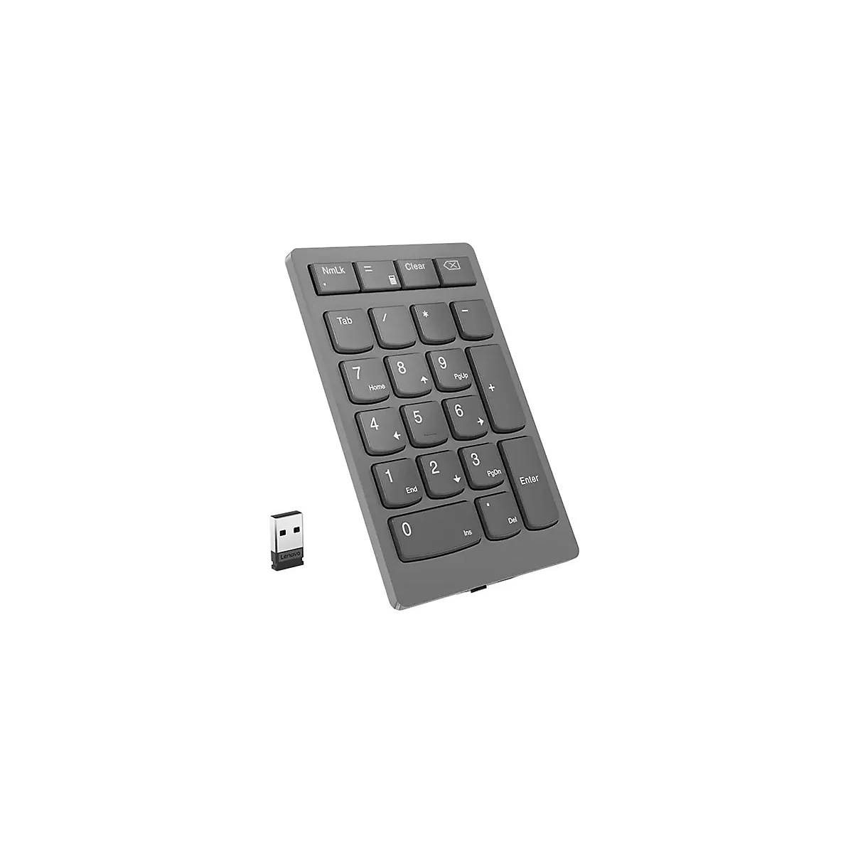 Grauer, kabelloser Lenovo Ziffernblock mit USB-Empfänger auf weißem Hintergrund.