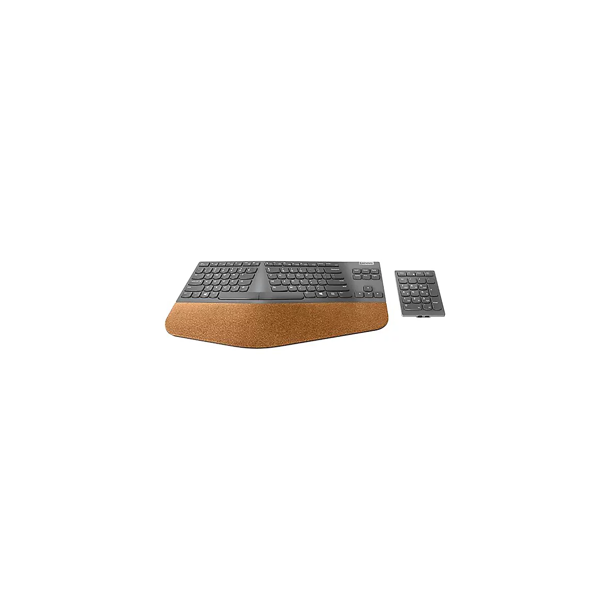 Ergonomische Lenovo Tastatur mit gewölbtem Design, Kork-Handballenauflage und separatem Ziffernblock.