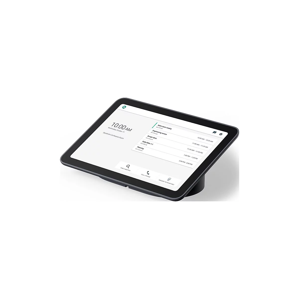 Ein schwarzes Tablet mit einem Bildschirm, auf dem ein Meeting-Zeitplan angezeigt wird. Auf dem Bildschirm werden Uhrzeit, Datum und Meeting-Informationen angezeigt.