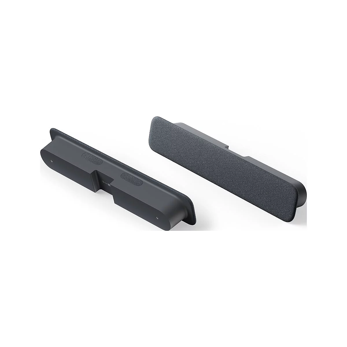 Zwei dunkelgraue Soundbars, mit Stoff bespannt, auf weißem Hintergrund. Einmal in der Draufsicht, einmal seitlich.