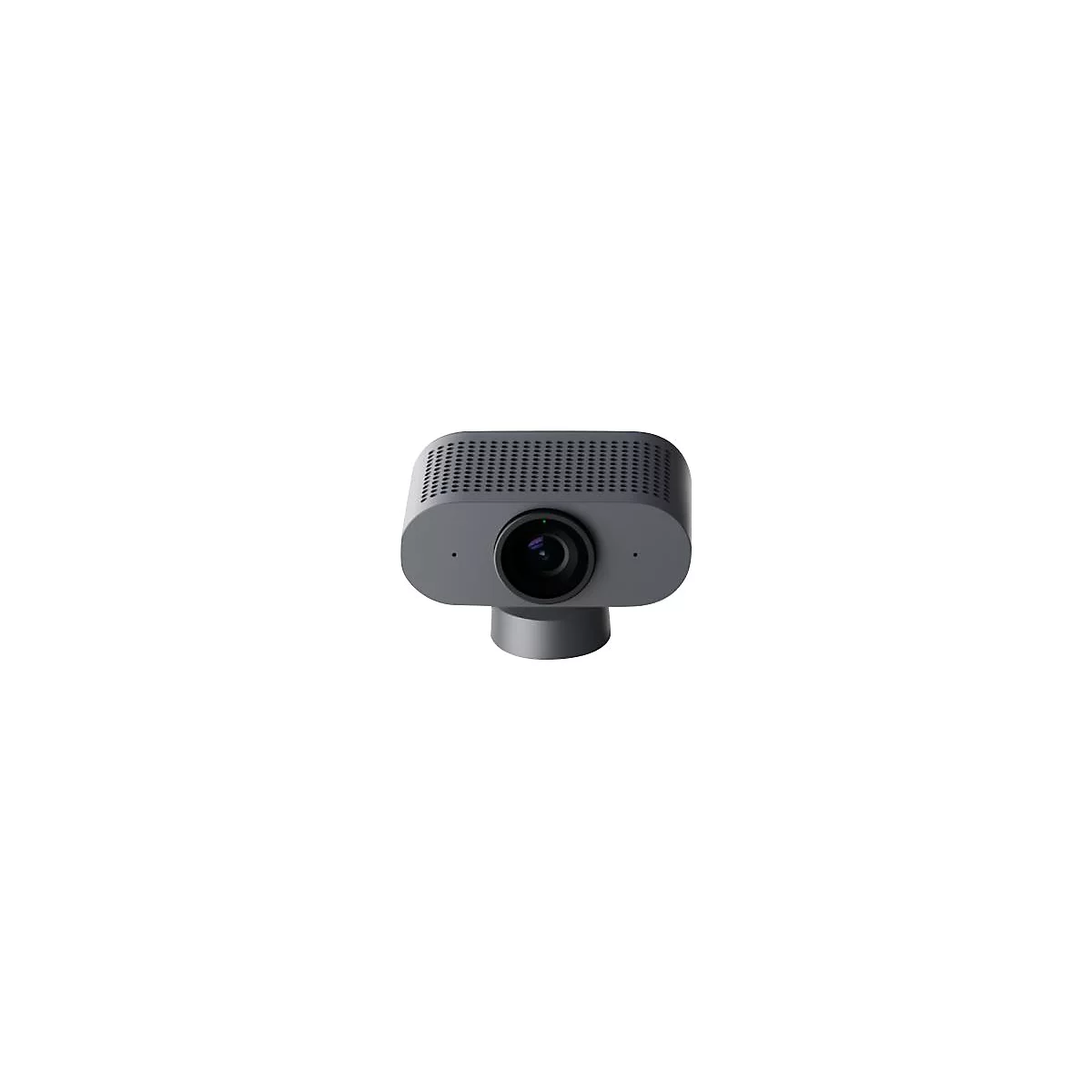 Graue Webcam mit großem Objektiv und Perforationen. Mit Sockel zur Befestigung.