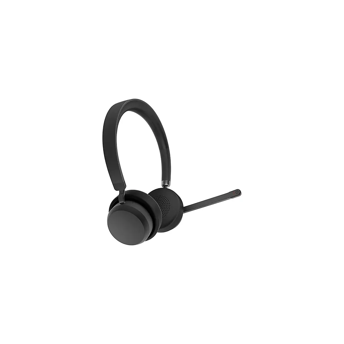 Schwarzes Headset mit Mikrofon auf weißem Hintergrund.