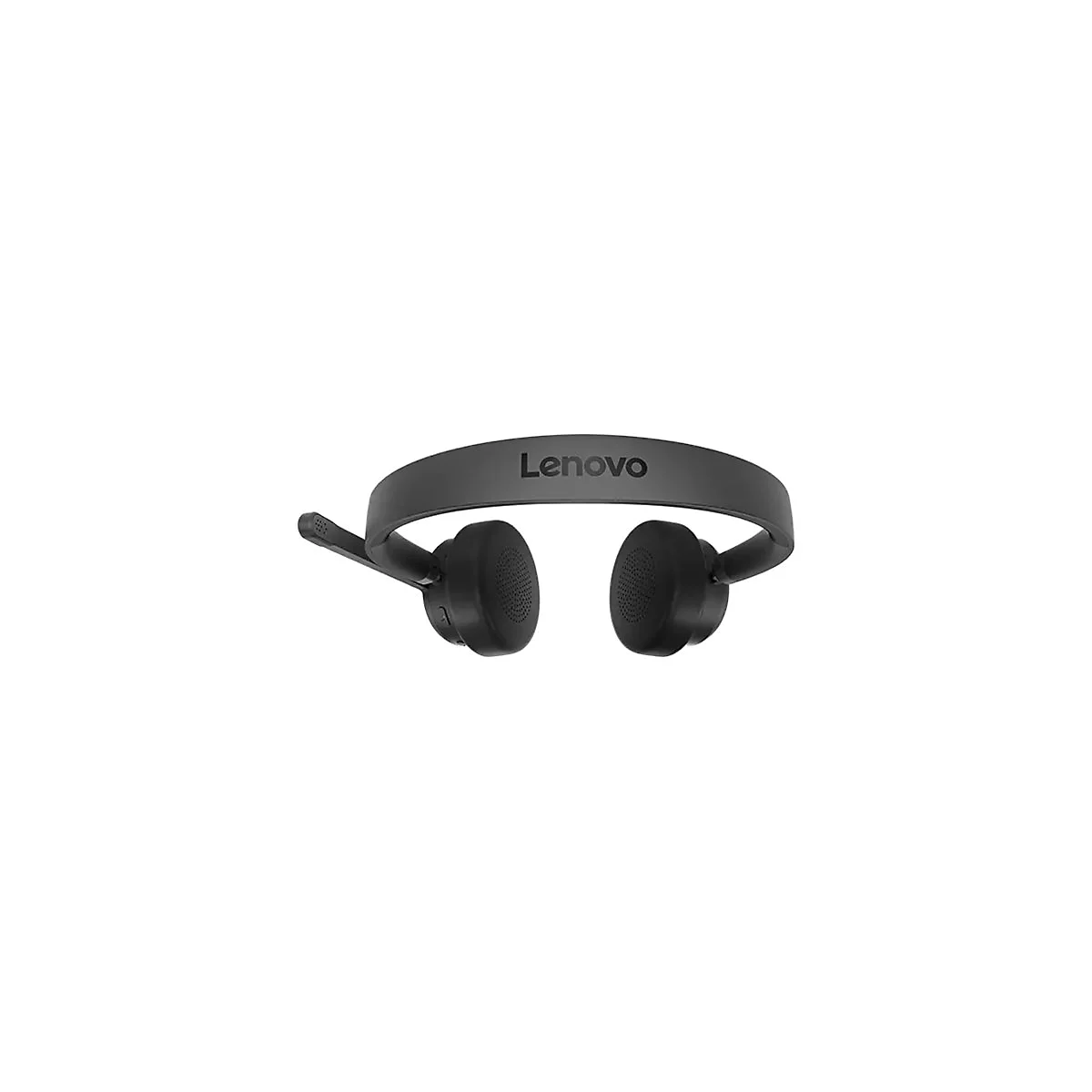Dunkelgraues Lenovo-Headset, Logo auf dem Bügel. Ein Mikrofon ist ausgefahren. Hintergrund weiß.