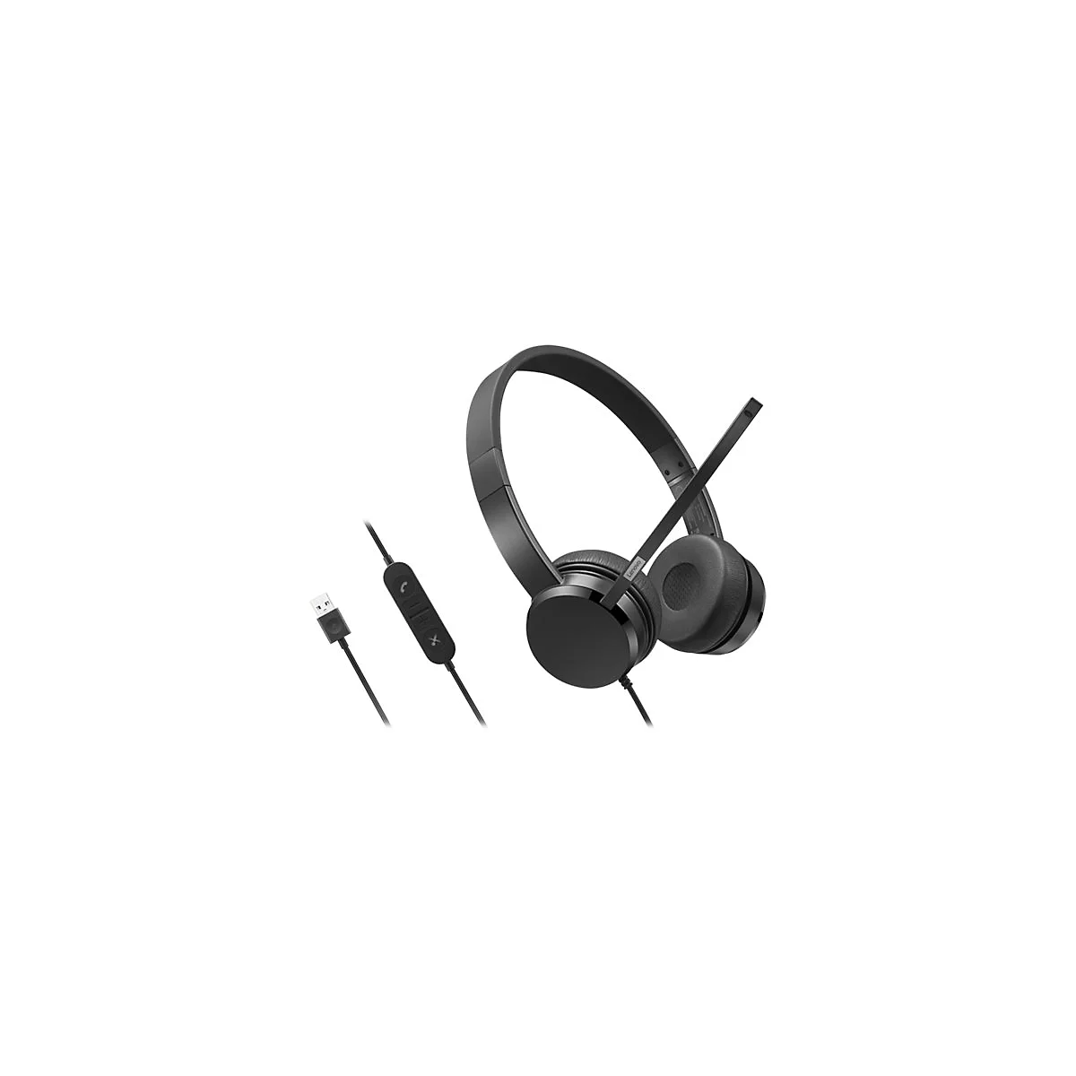 Schwarzes Headset mit Mikrofon, USB-Anschluss und Fernbedienung.