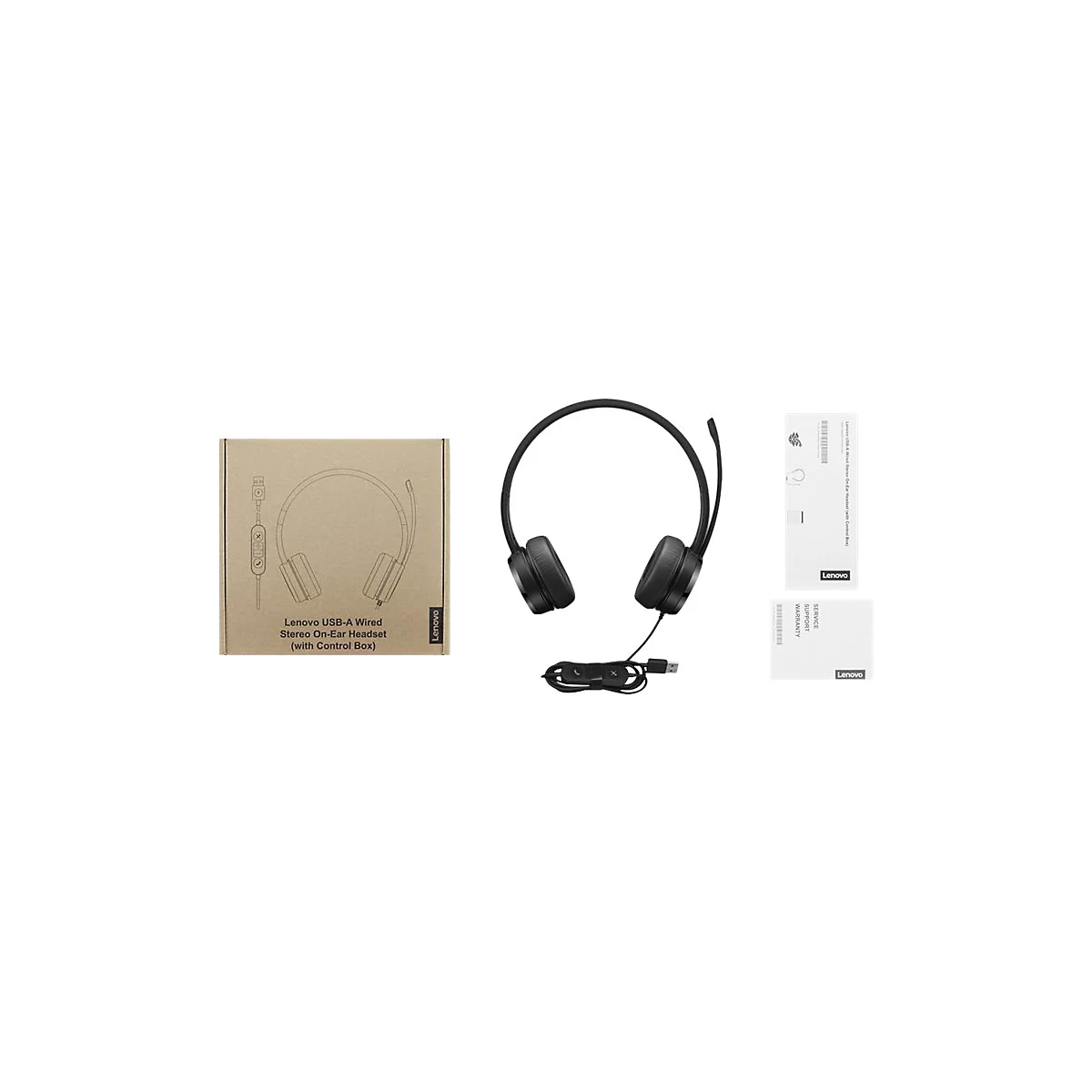 Schwarzes Lenovo USB-A Stereo On-Ear Headset mit Kabel, daneben die Verpackung und Anleitungen.