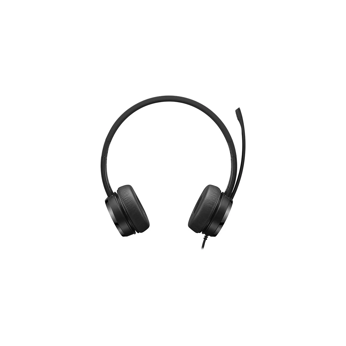 Schwarzes Headset mit Bügel und Mikrofon, freigestellt vor weißem Hintergrund.