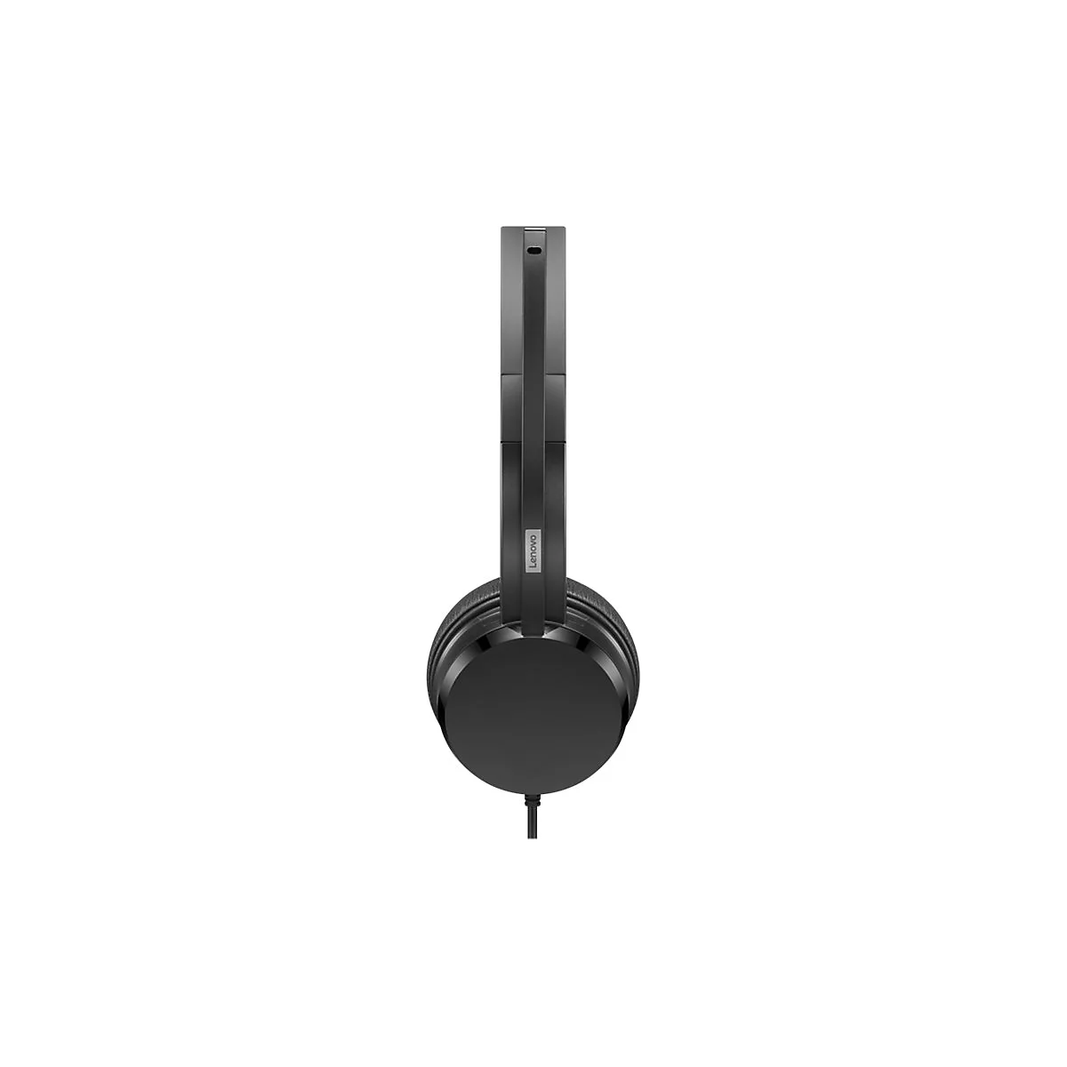 Schwarzer Lenovo-Kopfhörer im Profil, mit Kabel.