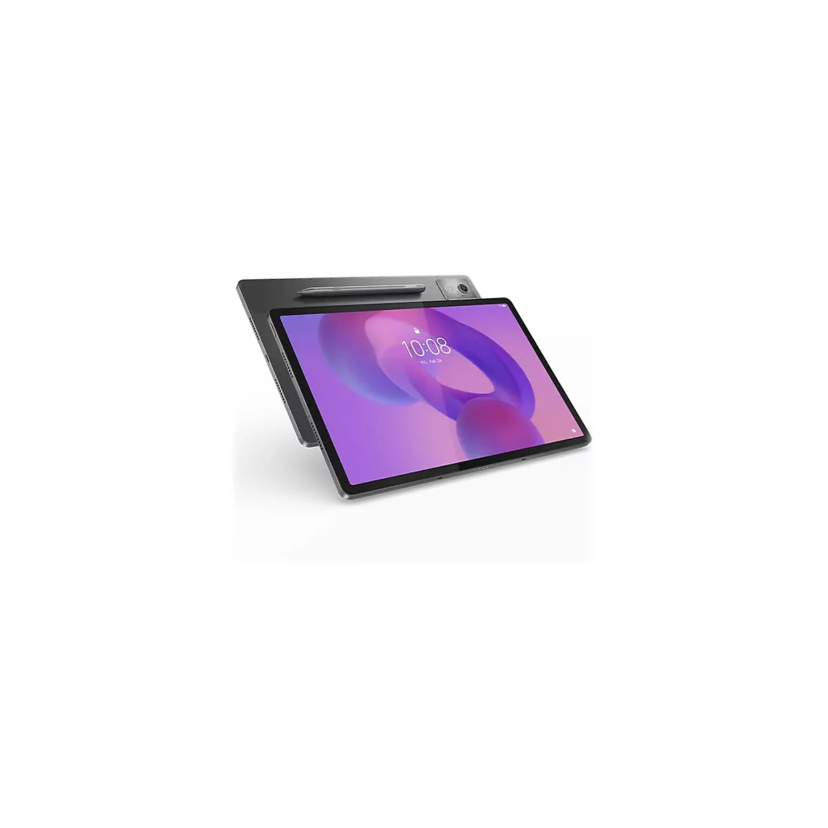 Ein graues Tablet auf weißem Hintergrund. Auf dem Display ist die Uhrzeit 10:08 Uhr und das Datum Fr., Feb 24 abgebildet.