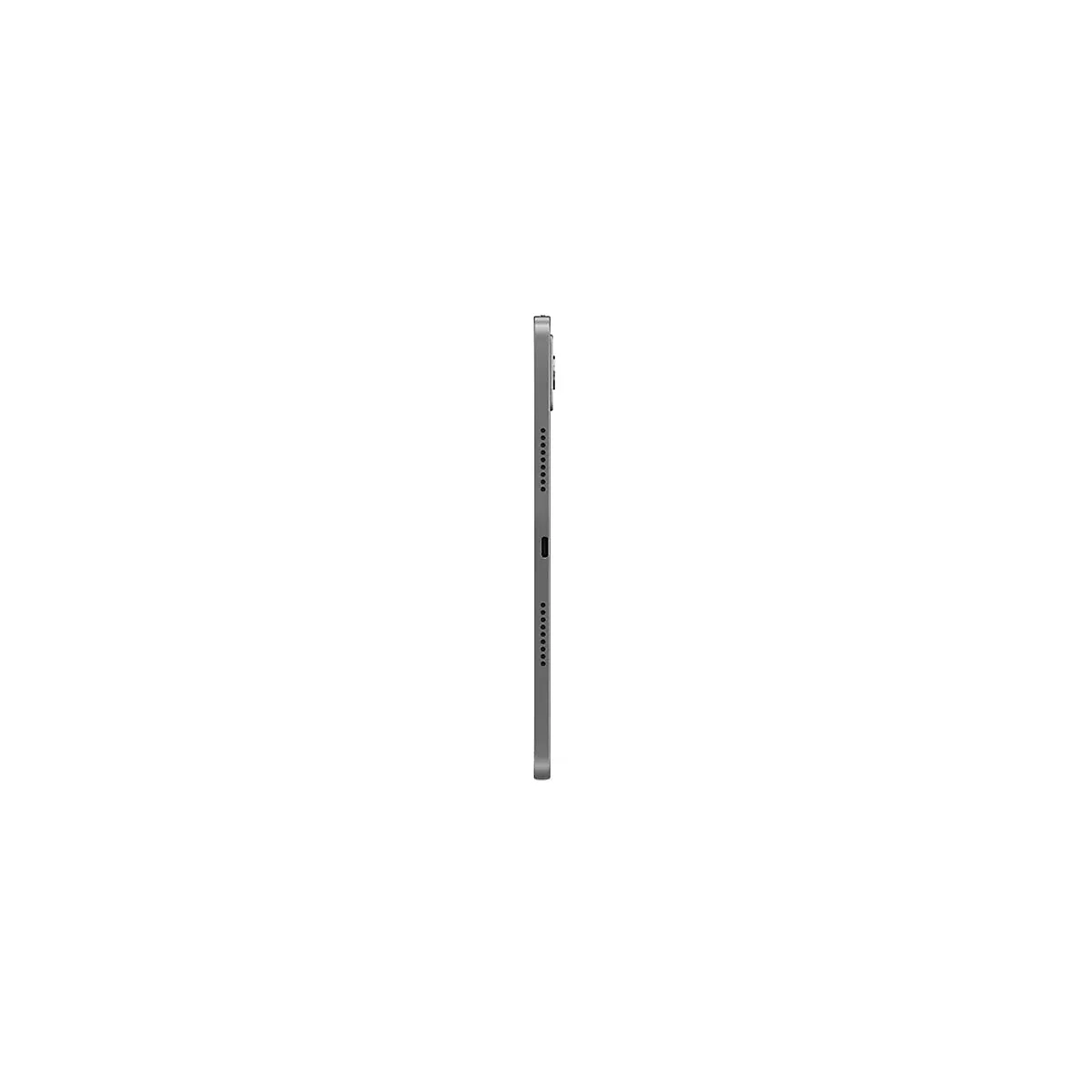 Dunkelgraues Tablet im Profil, auf weißem Hintergrund. Sichtbar sind Lautsprecheröffnungen und eine USB-C-Buchse.