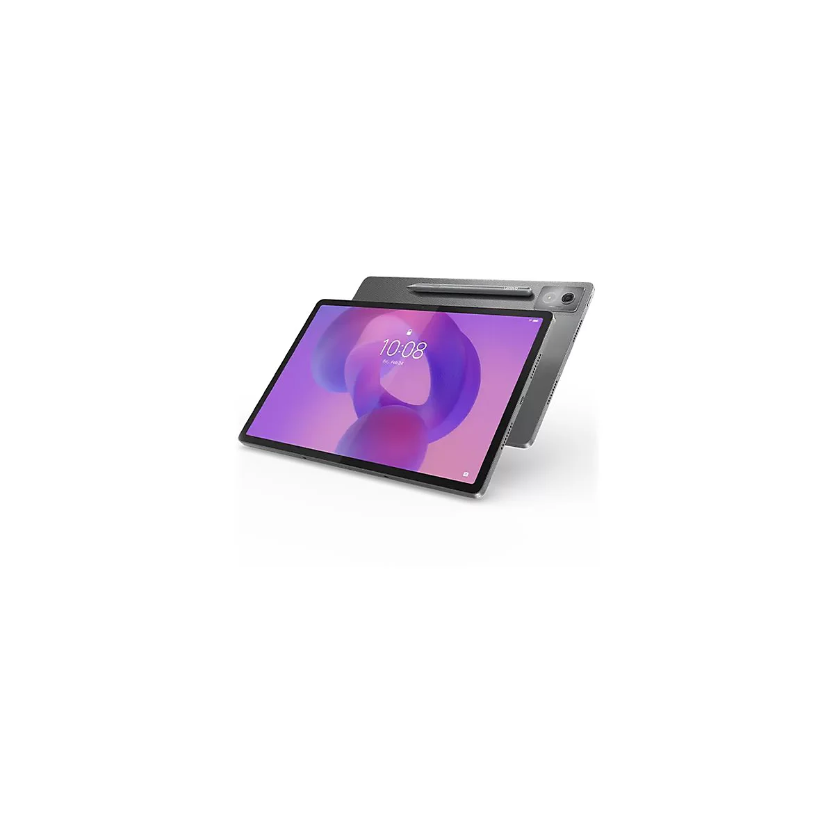 Ein graues Tablet liegt vor einem zweiten, leicht dahinter, mit Stift. Auf dem Bildschirm Uhrzeit 10:08 Uhr. Im Hintergrund weiß.
