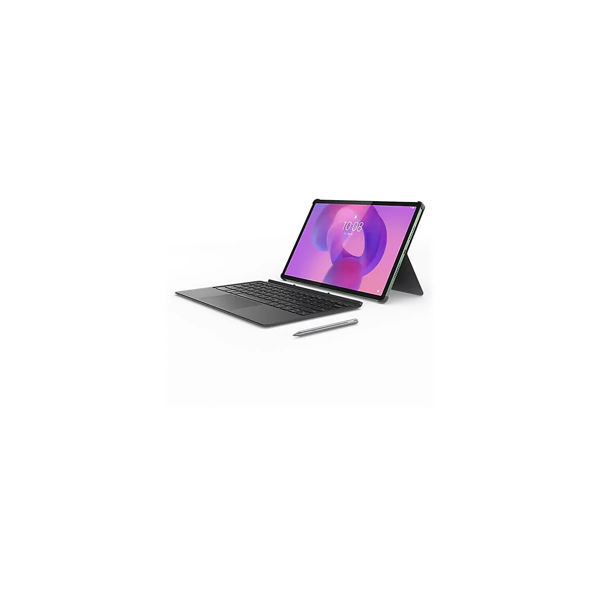 Ein Tablet mit Tastatur, Stift und Ständer auf weißem Grund. Auf dem Bildschirm ist 10:08 Uhr zu sehen.