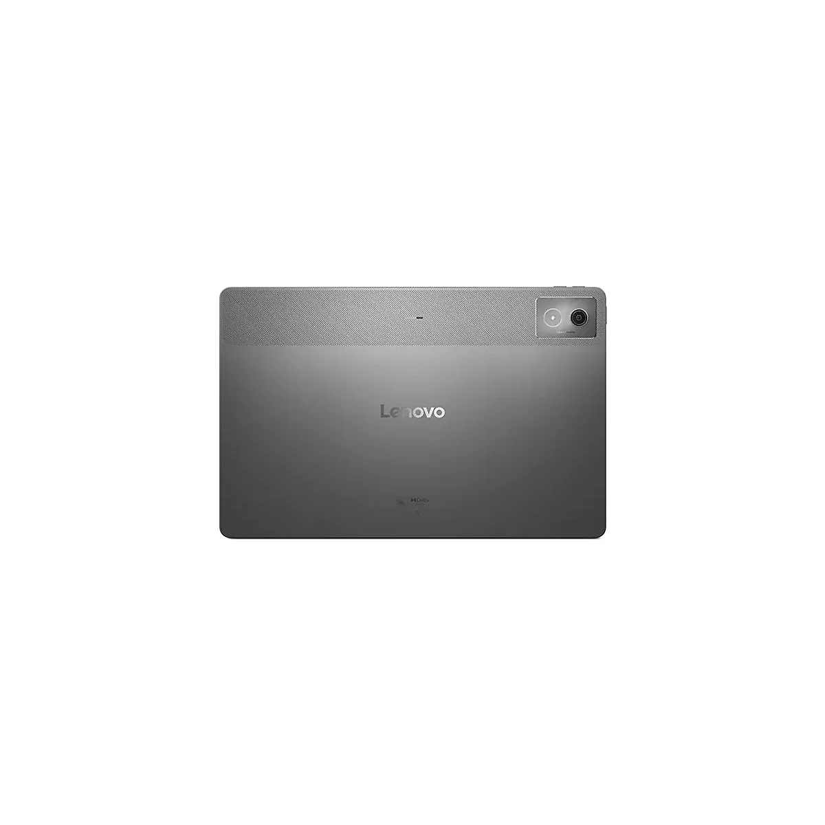 Graues Lenovo Tablet, Rückseite. Oben Kamera, darüber Textur, darunter Logo, darunter Dolby.