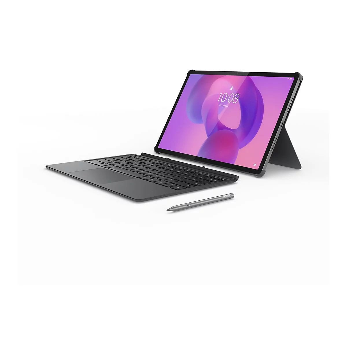 Graues Tablet mit Tastatur, Stift und Standfuß. Auf dem Display sind Uhrzeit und Datum zu sehen.