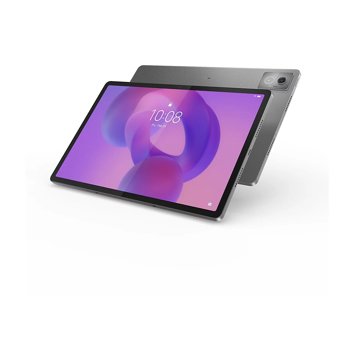 Ein graues Tablet liegt vor einem anderen. Auf dem Bildschirm: Uhrzeit, Datum und ein lilafarbener Hintergrund.