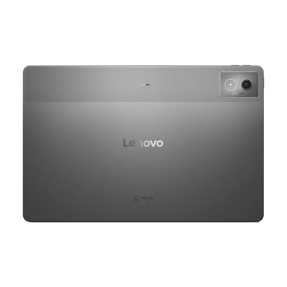 Dunkelgraues Lenovo Tablet. Rückseite mit Kamera, Logo, und Dolby- sowie JBL-Aufdruck.