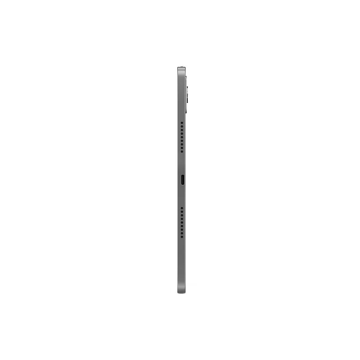Graues Tablet, seitlich abgebildet. Auf der einen Seite befinden sich Lautsprecherlöcher und ein USB-C Anschluss.