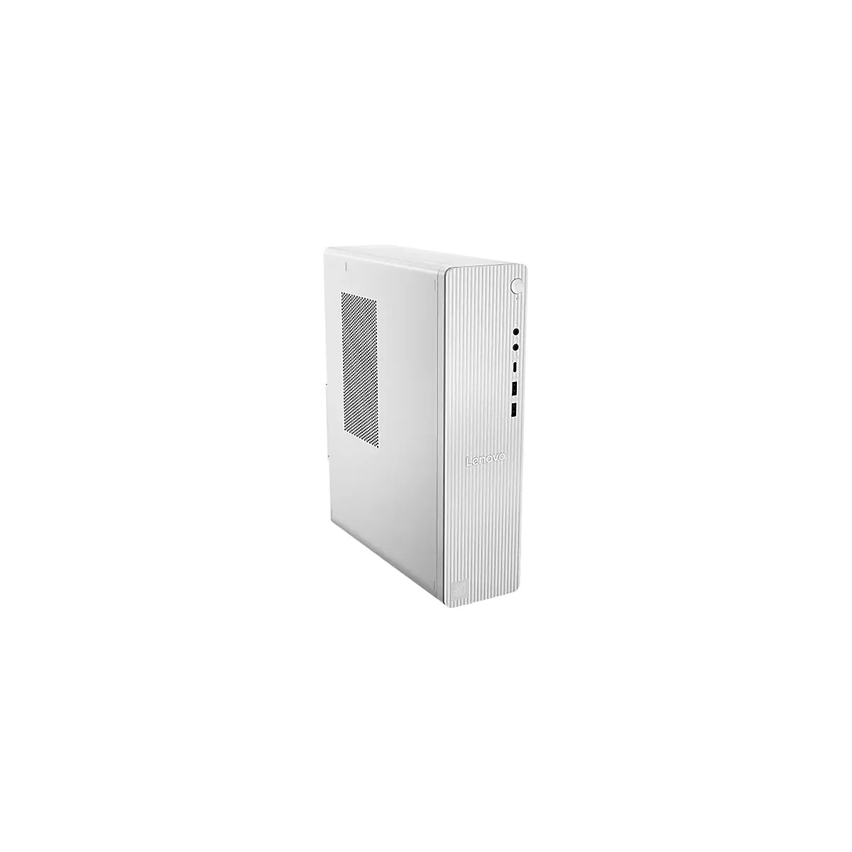 Weißer Lenovo Desktop-PC in kompakter Tower-Bauweise vor weißem Hintergrund.