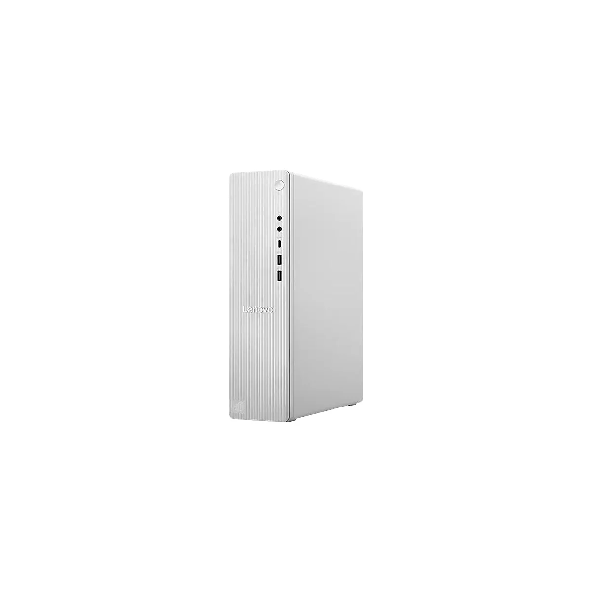 Weißer Lenovo-Desktop-PC, aufrecht stehend. Auf der Vorderseite: Vertikale Rippen, Logo und Anschlüsse.