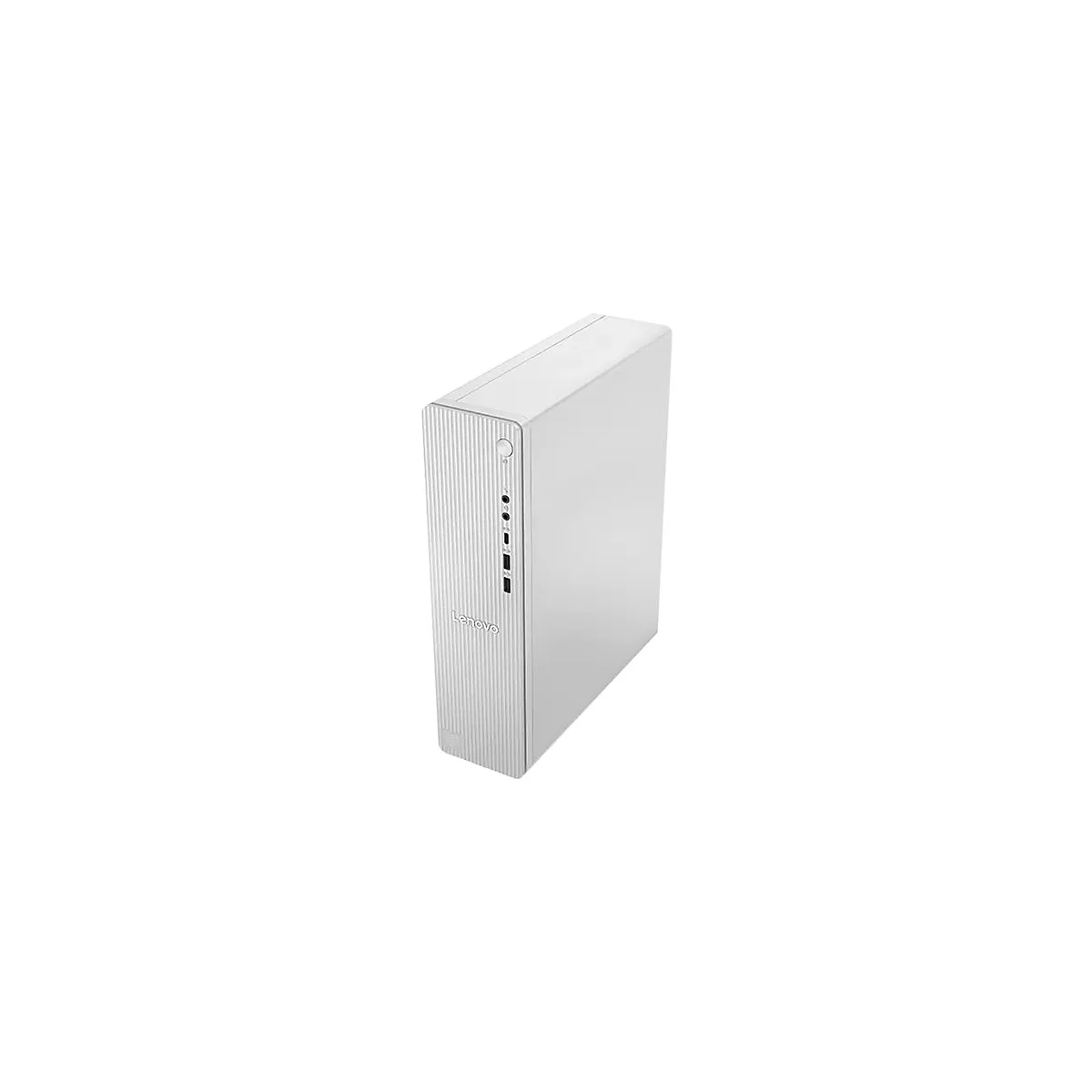 Weißer Lenovo Desktop-PC in kompakter Tower-Form mit geriffelter Frontblende auf weißem Hintergrund.