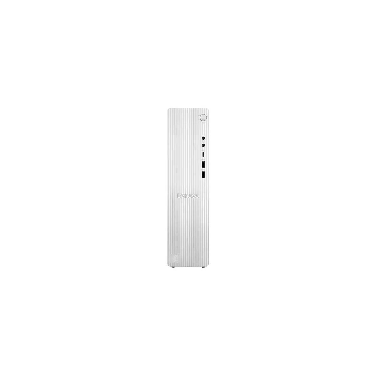 Weißer Lenovo Desktop-PC in kompakter Form mit gerippter Frontblende und vertikaler Anschlussleiste.