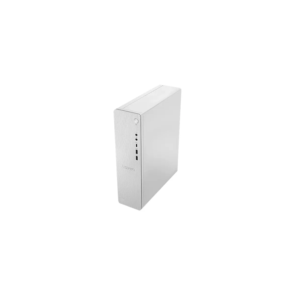 Weißer Lenovo-Desktop-PC, auf weißem Hintergrund. Die Vorderseite hat senkrechte Linien, und es gibt das Lenovo-Logo.