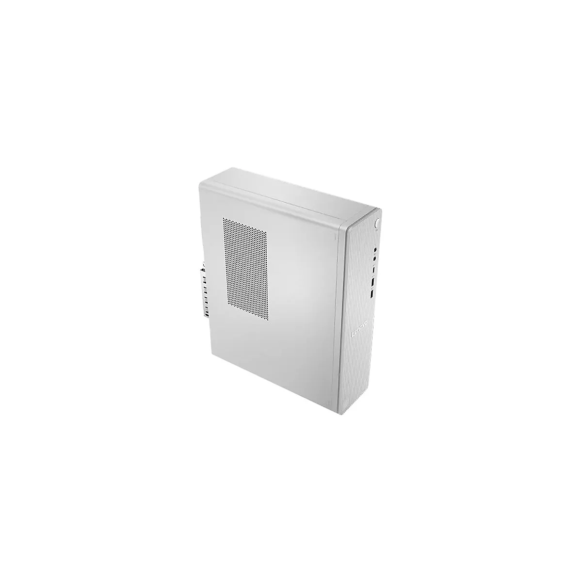 Silberner Lenovo Desktop-PC im schmalen Tower-Format vor weißem Hintergrund.