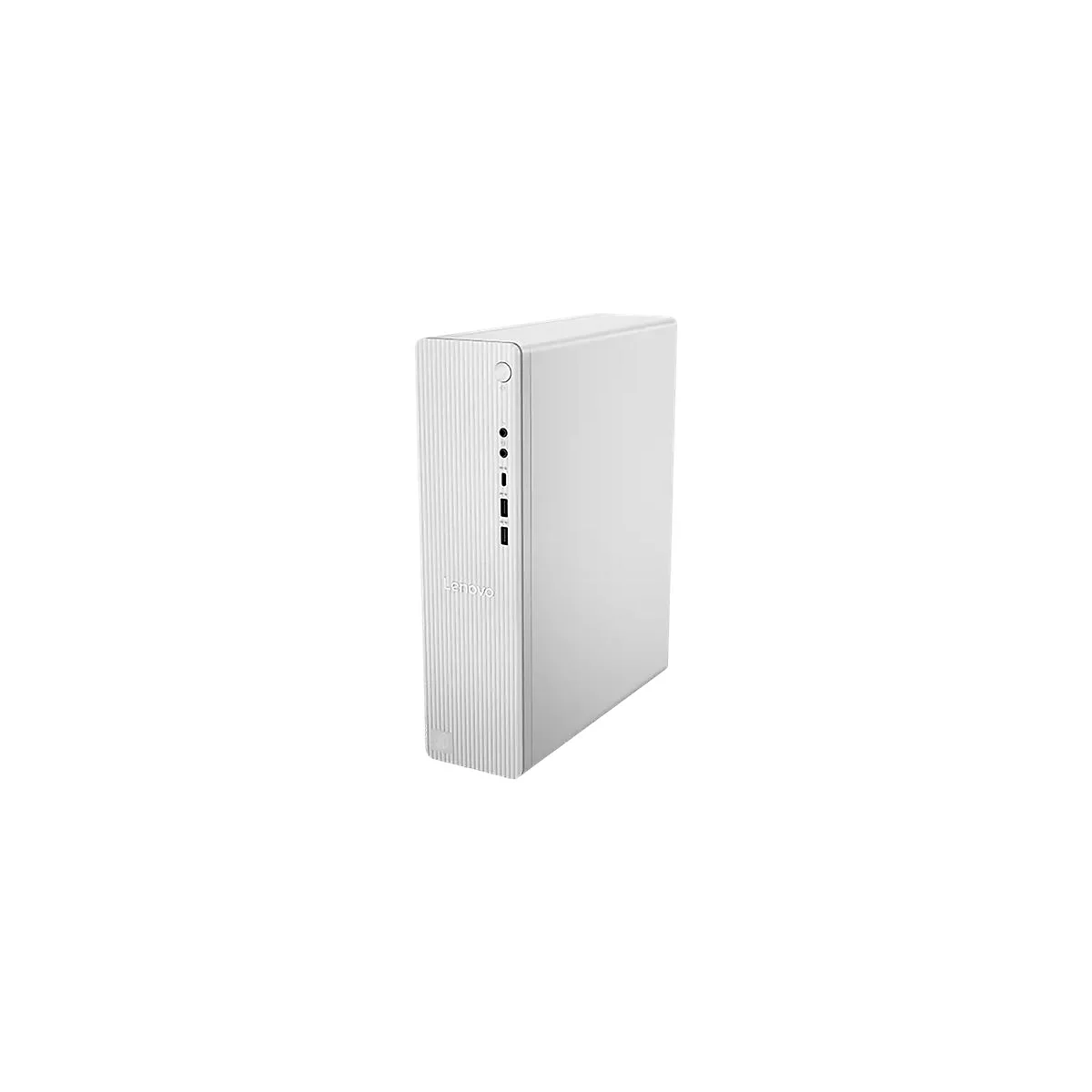 Weißer Lenovo Desktop-PC. Vertikale Ausrichtung, leicht schräg, mit verschiedenen Anschlüssen und dem Lenovo-Logo.