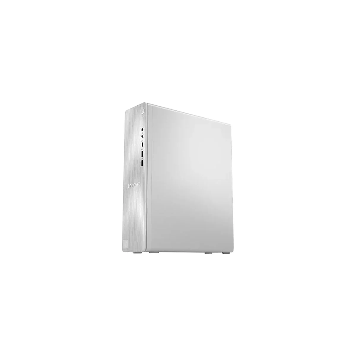 Weißer Lenovo Desktop-PC im Tower-Format vor weißem Hintergrund.