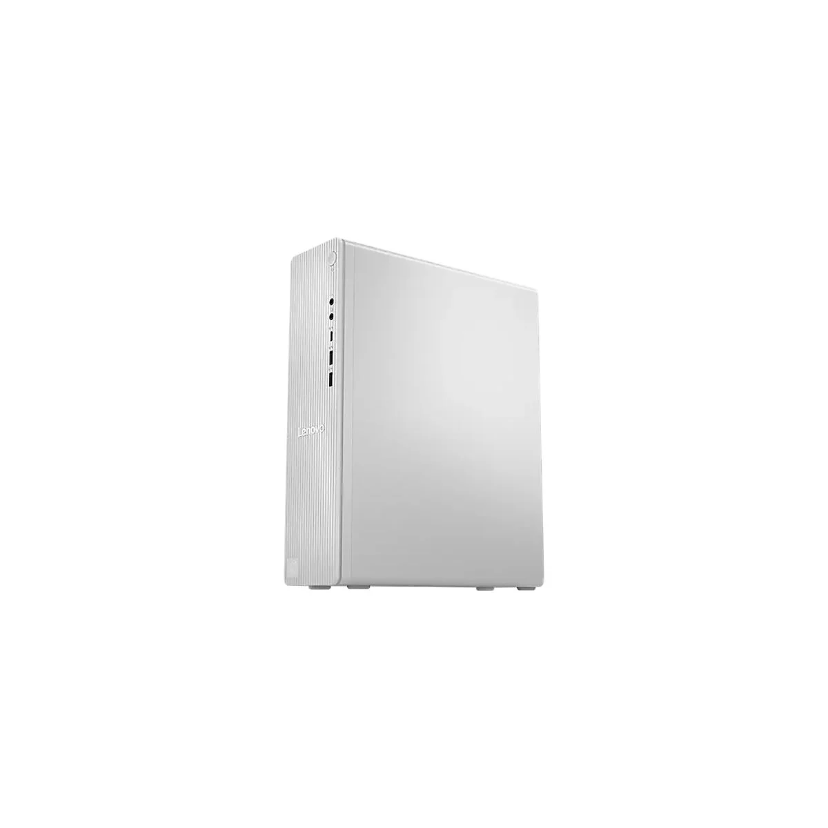 Weißer Lenovo-Desktop-PC, leicht von der Seite. Das Lenovo-Logo ist sichtbar.