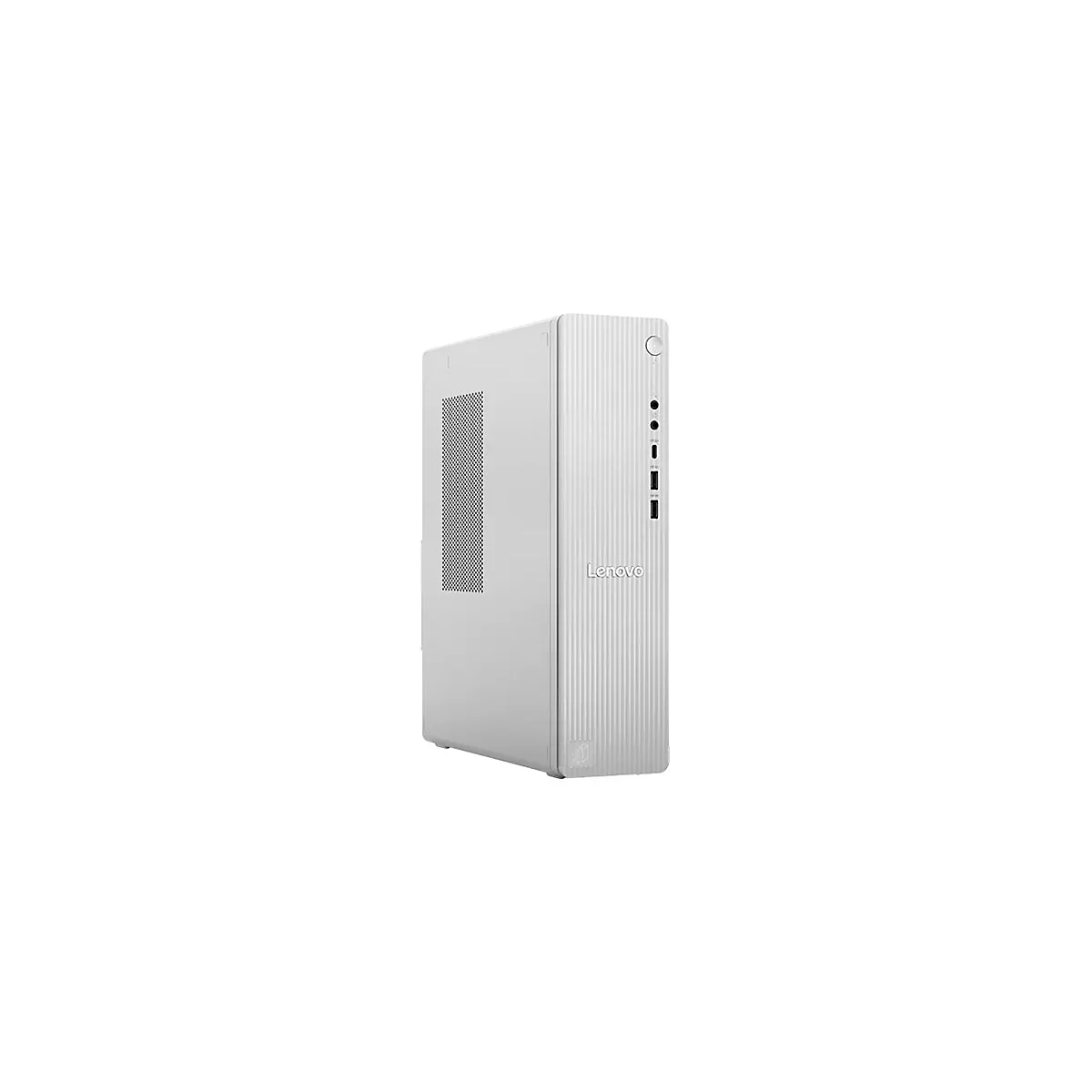 Weißer Lenovo Desktop-PC in kompakter Tower-Bauweise vor weißem Hintergrund.