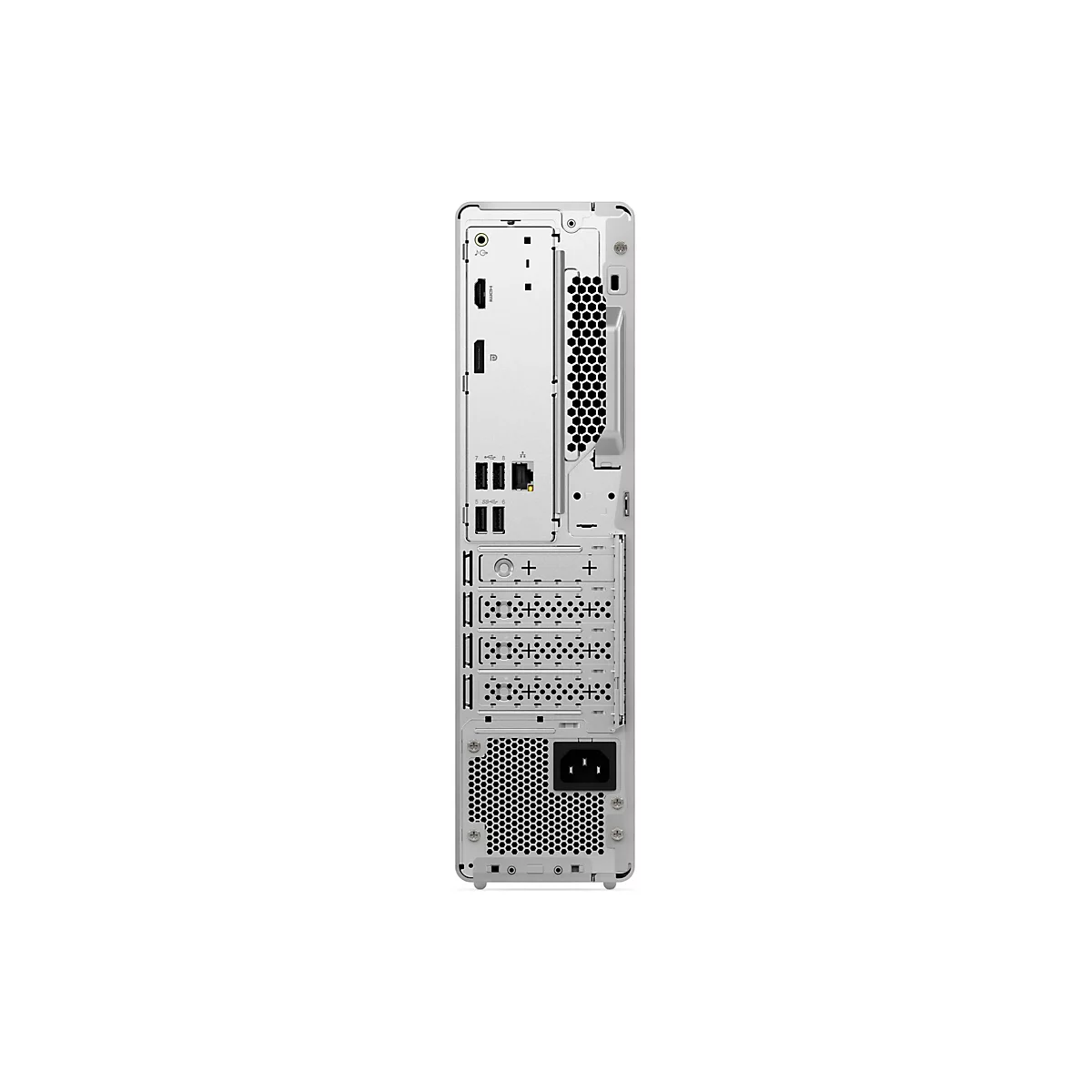 Rückseite eines hellgrauen Desktop-Computers. Es gibt verschiedene Anschlüsse wie HDMI und USB. Ein schwarzer Griff ist auf der rechten Seite.