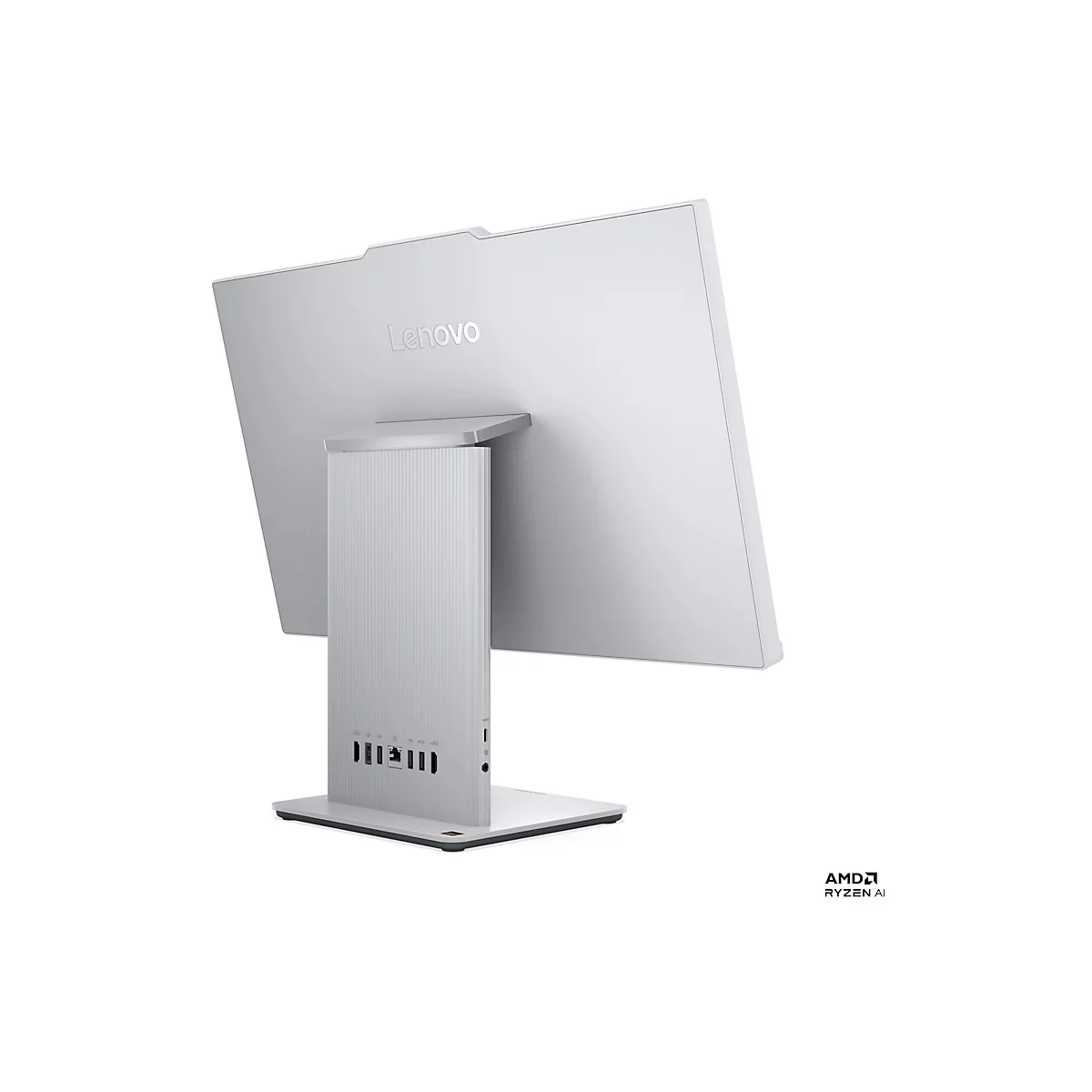 Ein silberfarbener Lenovo All-in-One-Computer von hinten, mit Lenovo-Logo und AMD Ryzen-Aufkleber. Auf der Rückseite Anschlüsse.