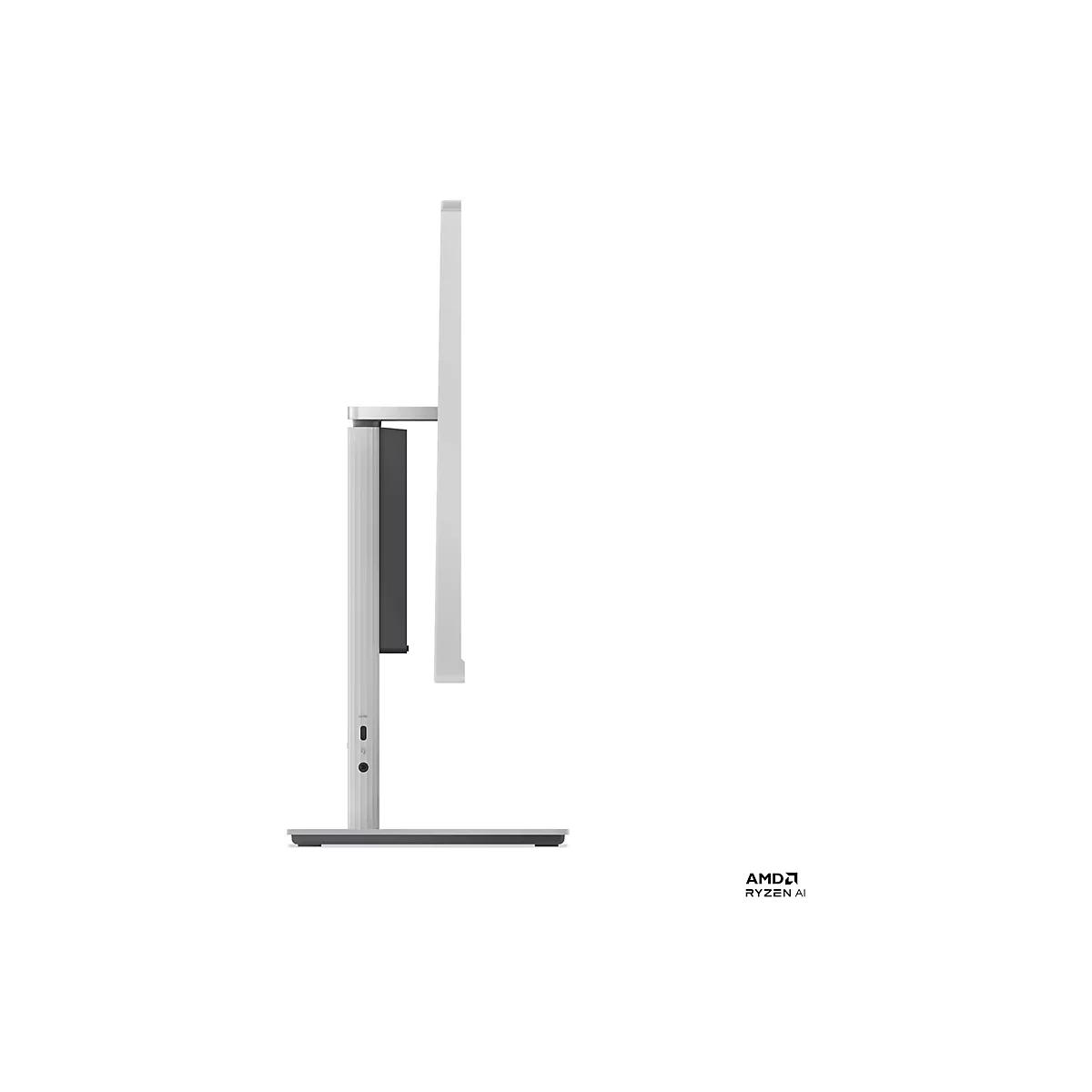 Seitenansicht eines weißen Monitors. Der Monitor ist schlank und elegant gestaltet. Das AMD Ryzen AI-Logo ist rechts unten im Bild.