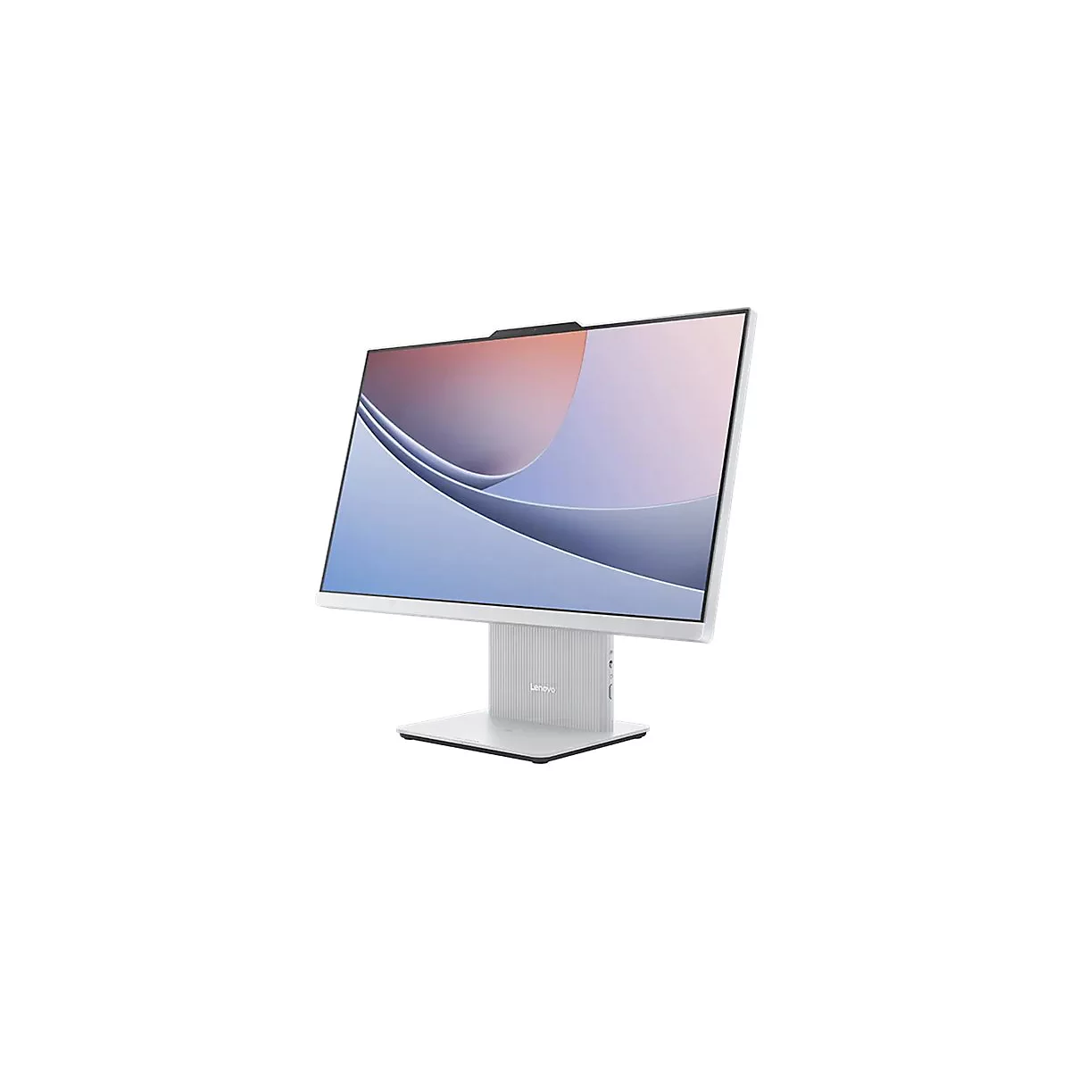 Weißer Lenovo All-in-One-PC vor weißem Hintergrund. Der Bildschirm zeigt ein abstraktes Design.