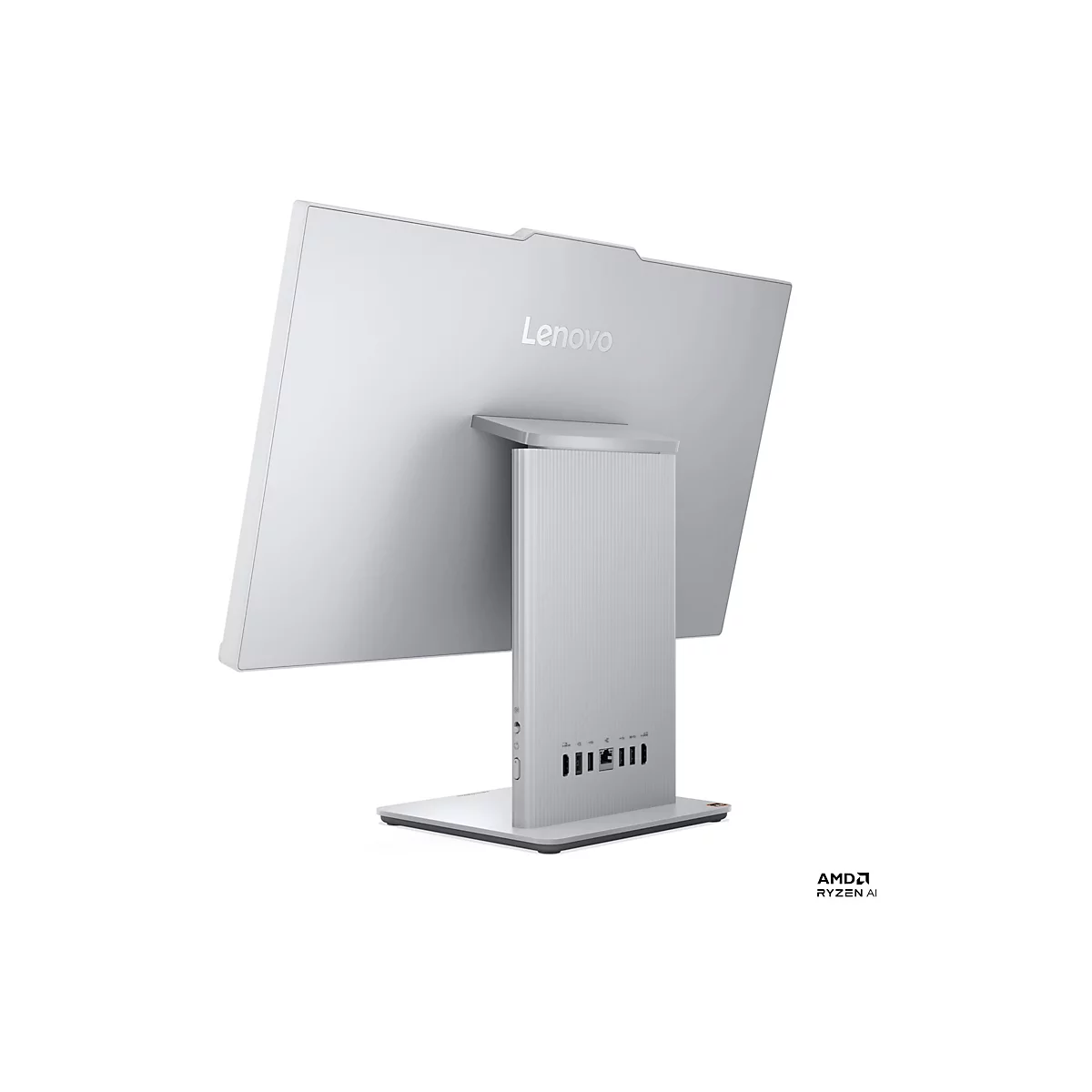 Ein silberfarbener Lenovo All-in-One-PC von hinten, auf weißem Hintergrund. Das Lenovo-Logo ist sichtbar.