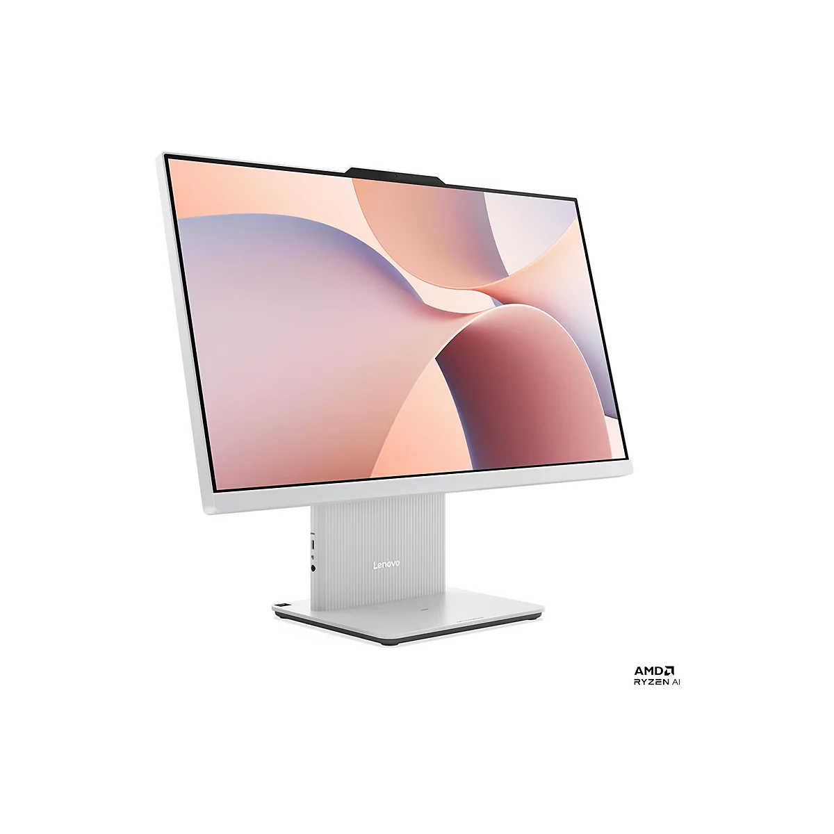 Ein weißer All-in-One-PC von Lenovo. Das Display zeigt eine abstrakte, pastellfarbene Grafik. Am unteren rechten Bildschirmrand ist das AMD Ryzen AI-Logo.