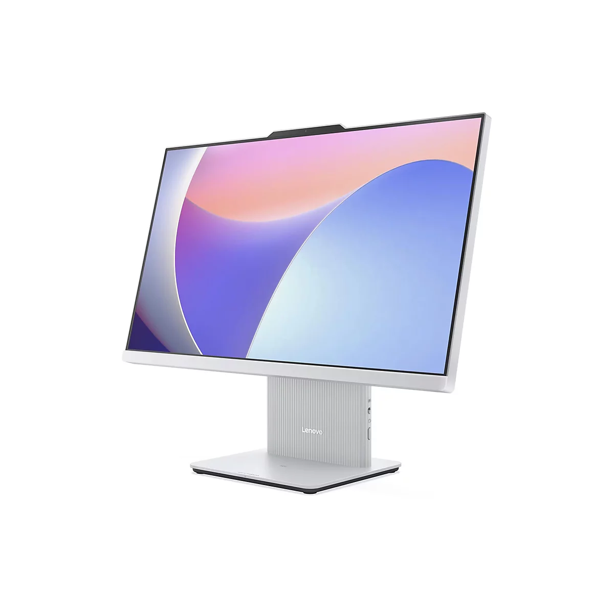 Ein weißer Lenovo All-in-One-Monitor steht schräg vor weißem Hintergrund. Der Bildschirm zeigt einen abstrakten Farbverlauf in Pastellfarben.