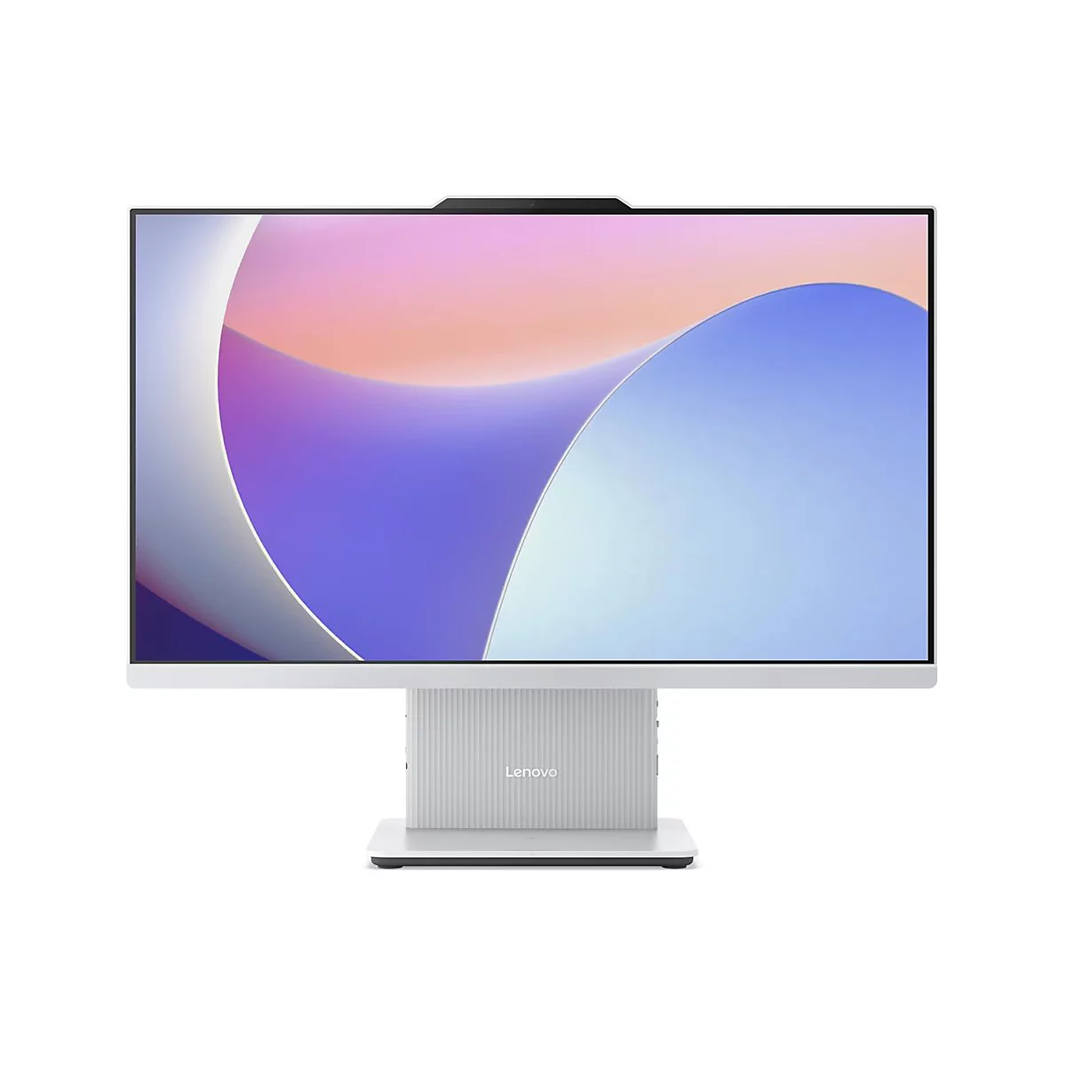 Ein Lenovo All-in-One-PC mit weißem Bildschirm, der auf einem weißen Sockel steht. Der Bildschirm zeigt eine abstrakte, mehrfarbige Grafik.
