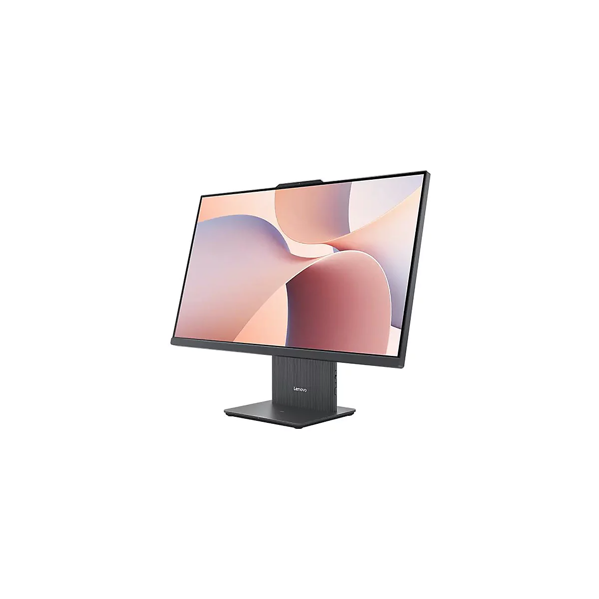 Ein grauer Lenovo All-in-One-PC mit schwarzem Bildschirm, vor weißem Hintergrund. Der Bildschirm zeigt ein abstraktes Design.