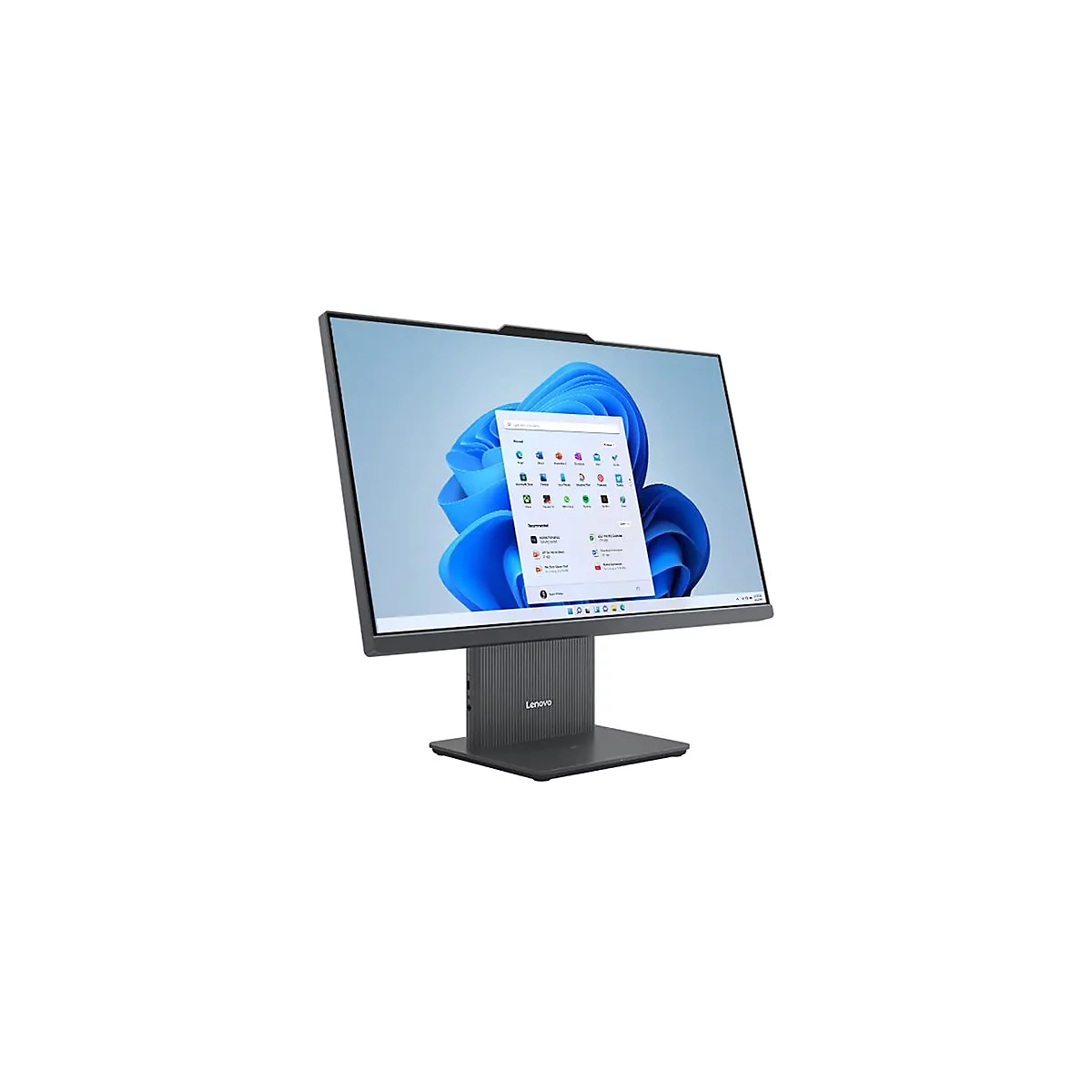 Ein grauer Lenovo All-in-One-PC vor weißem Hintergrund. Der Bildschirm zeigt die Windows 11 Oberfläche.