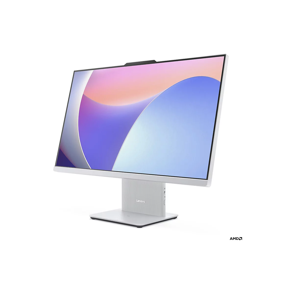 Ein grauer All-in-One-PC von Lenovo, weißer Rand, farbiger Bildschirmhintergrund. Unten Logo von AMD.