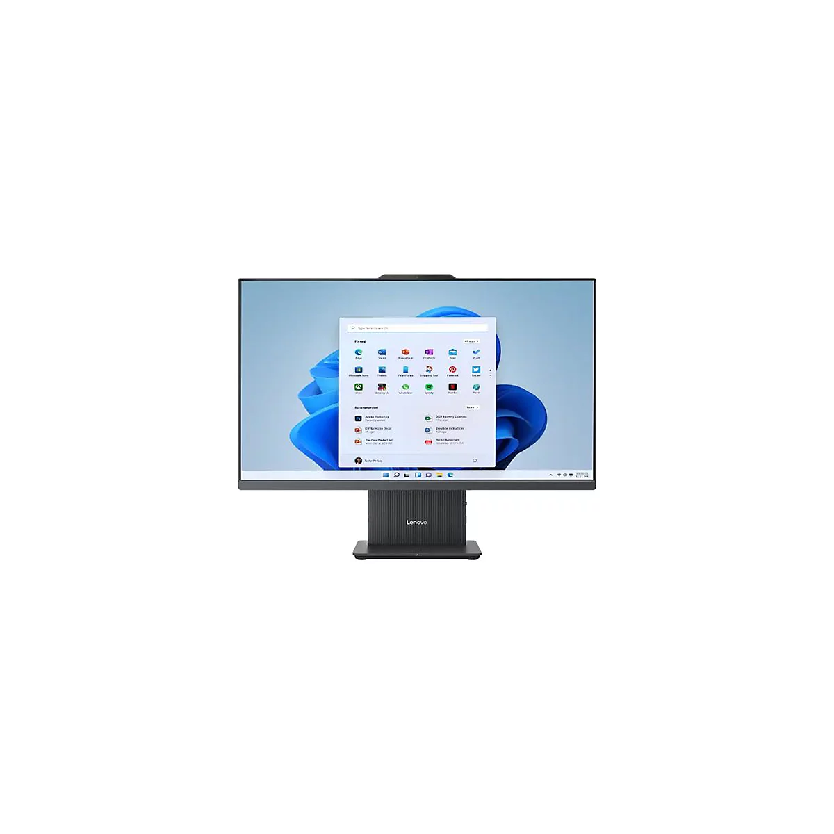 Ein Lenovo-Monitor mit Windows-Desktop-Oberfläche, auf dem Apps angezeigt werden. Am Fuß des Monitors ist das Lenovo-Logo zu sehen.