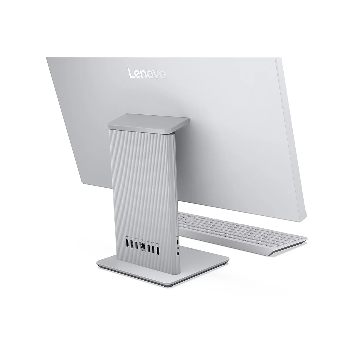 Ein grauer Lenovo All-in-One-Computer von hinten, mit Tastatur.