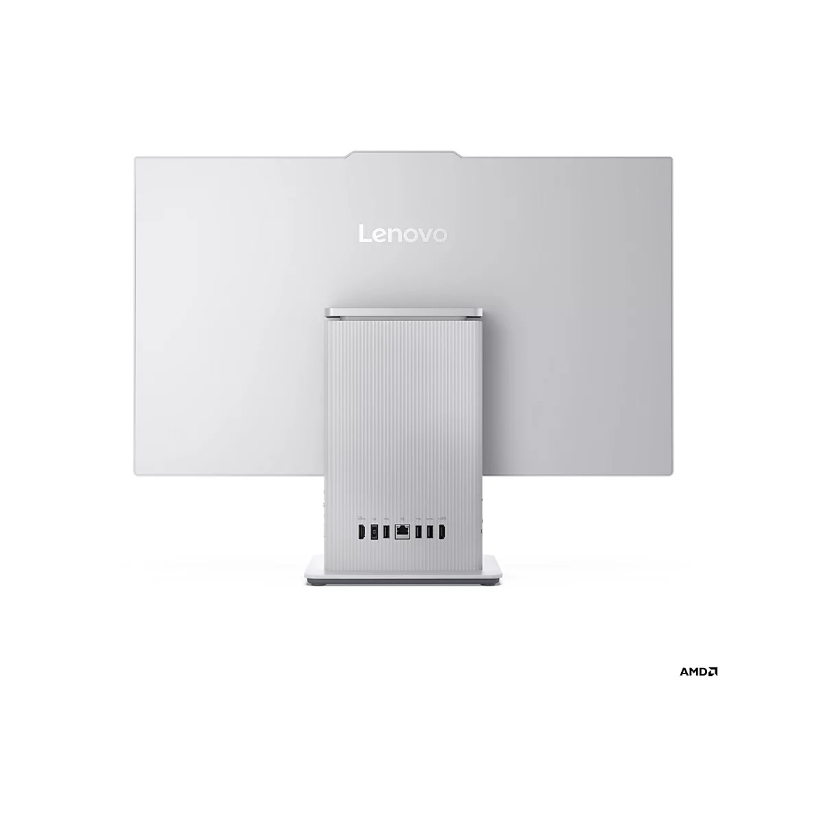 Ein grauer Lenovo All-in-One-Computer von hinten. Der Bildschirm hat das Lenovo-Logo. Unten befinden sich Anschlüsse.