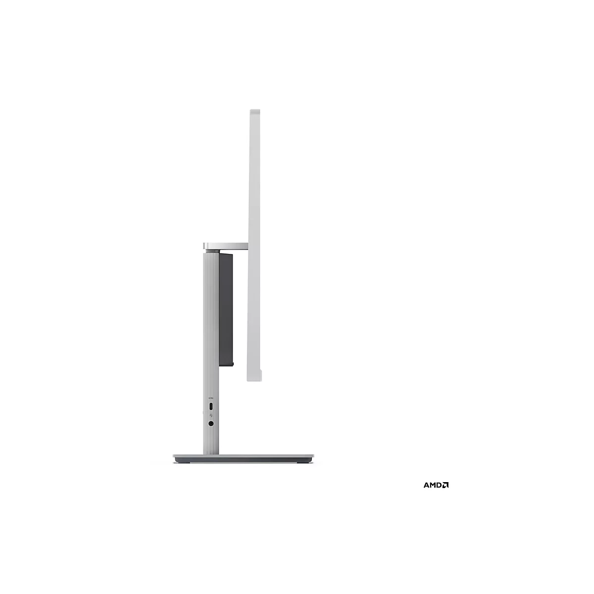 Seitenansicht eines silberfarbenen Monitors mit AMD-Logo.
