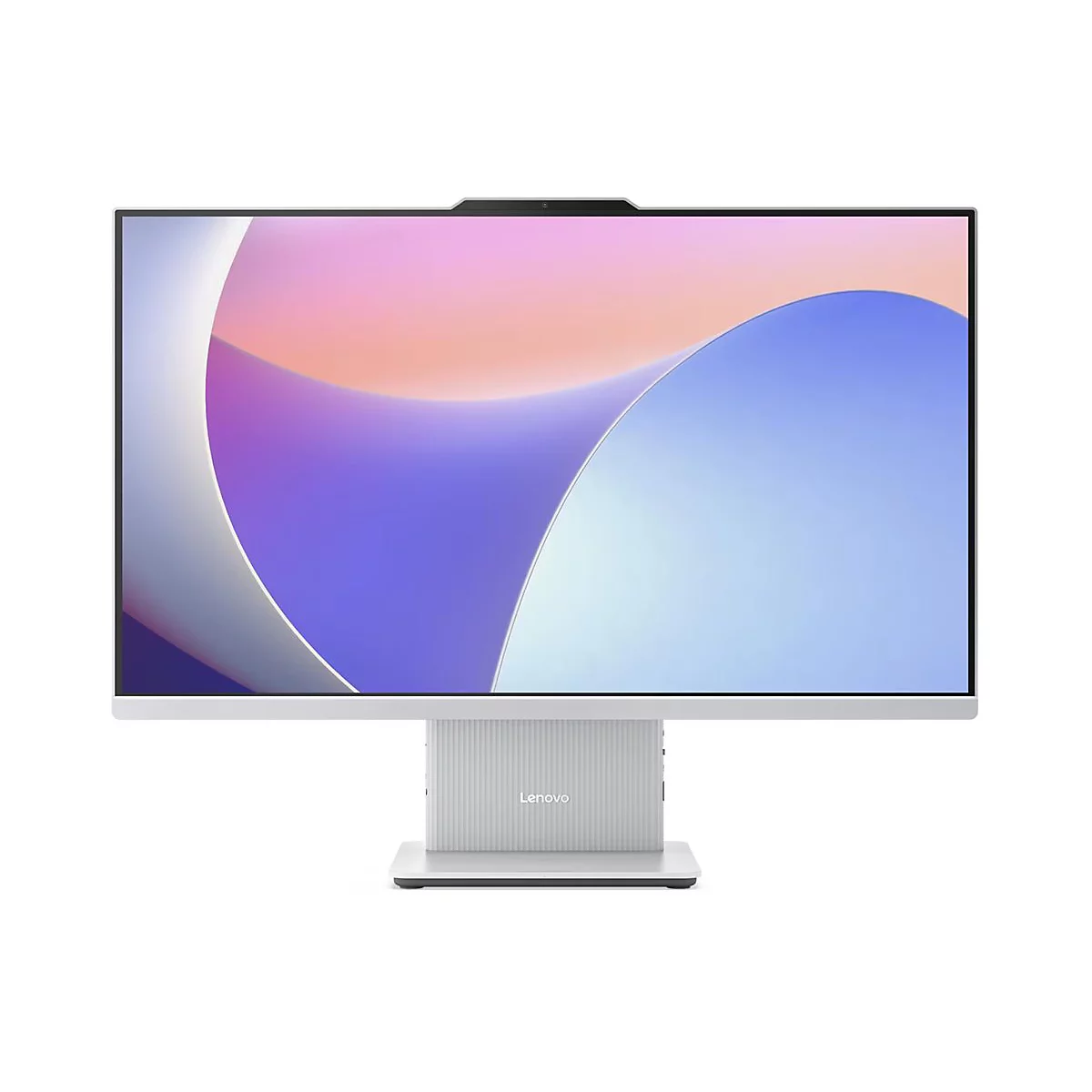 Grauer All-in-One-PC mit weissem Rahmen und Bildschirm. Auf dem Bildschirm ist ein abstrakter Hintergrund in Pastelltönen zu sehen. Der Schriftzug Lenovo ist am Sockel angebracht.
