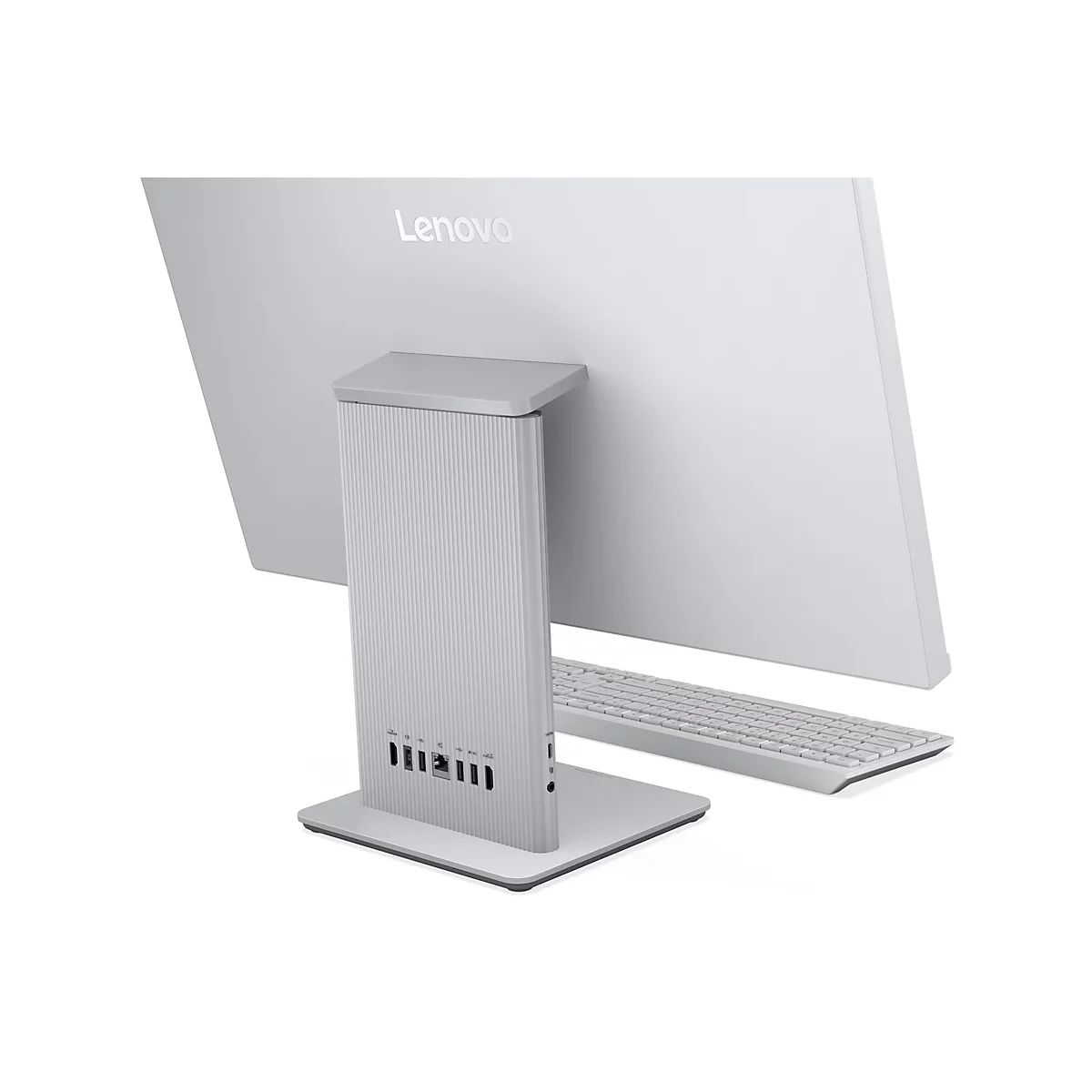Ein silberner Lenovo-All-in-One-Computer. Rückansicht; Monitor, Standfuß und Tastatur sichtbar.